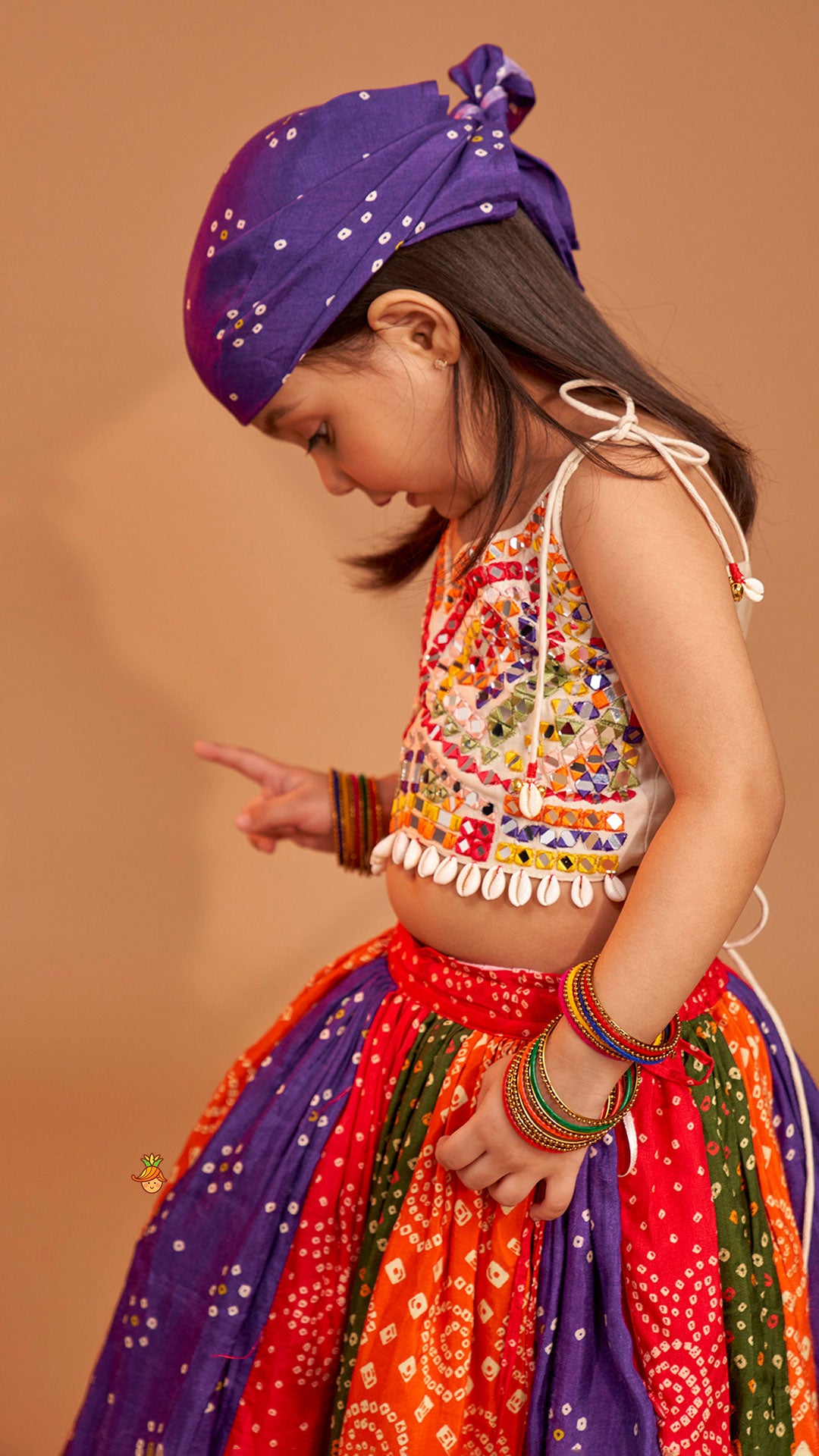 Pre Order: Beautiful Mirror Hand Embroidered Tie-up Top With Multicolour Bandhani Printed Lehenga And Bandana