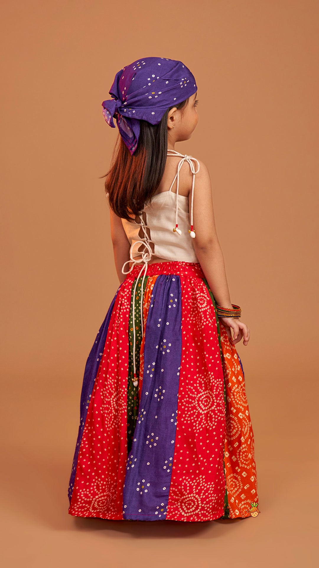 Pre Order: Beautiful Mirror Hand Embroidered Tie-up Top With Multicolour Bandhani Printed Lehenga And Bandana