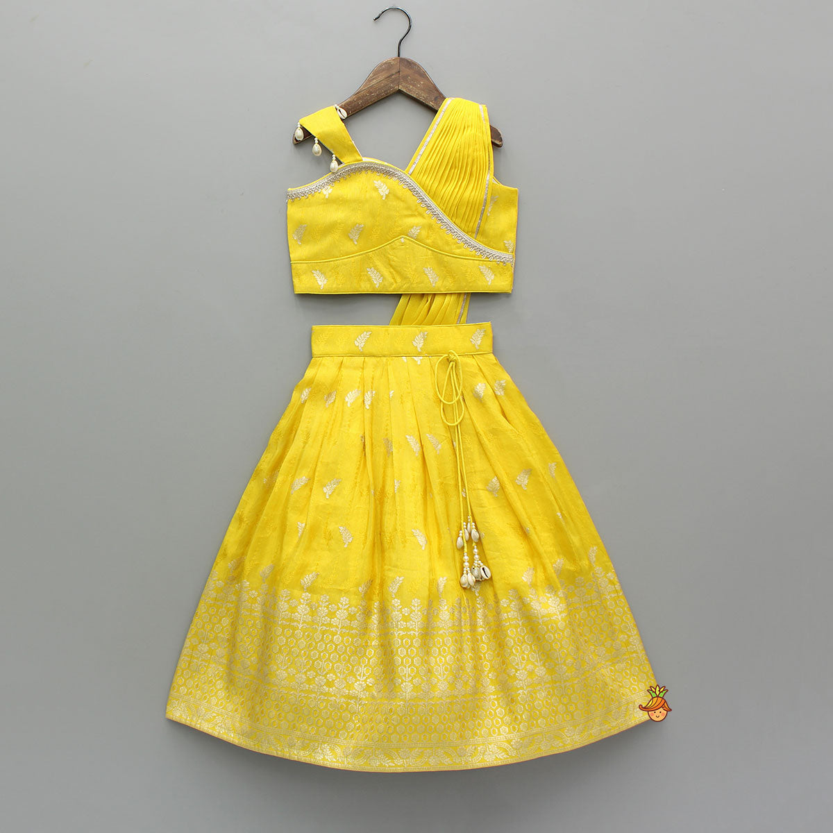 Pre Order: Yellow Attached Dupatta Style Top With Lehenga
