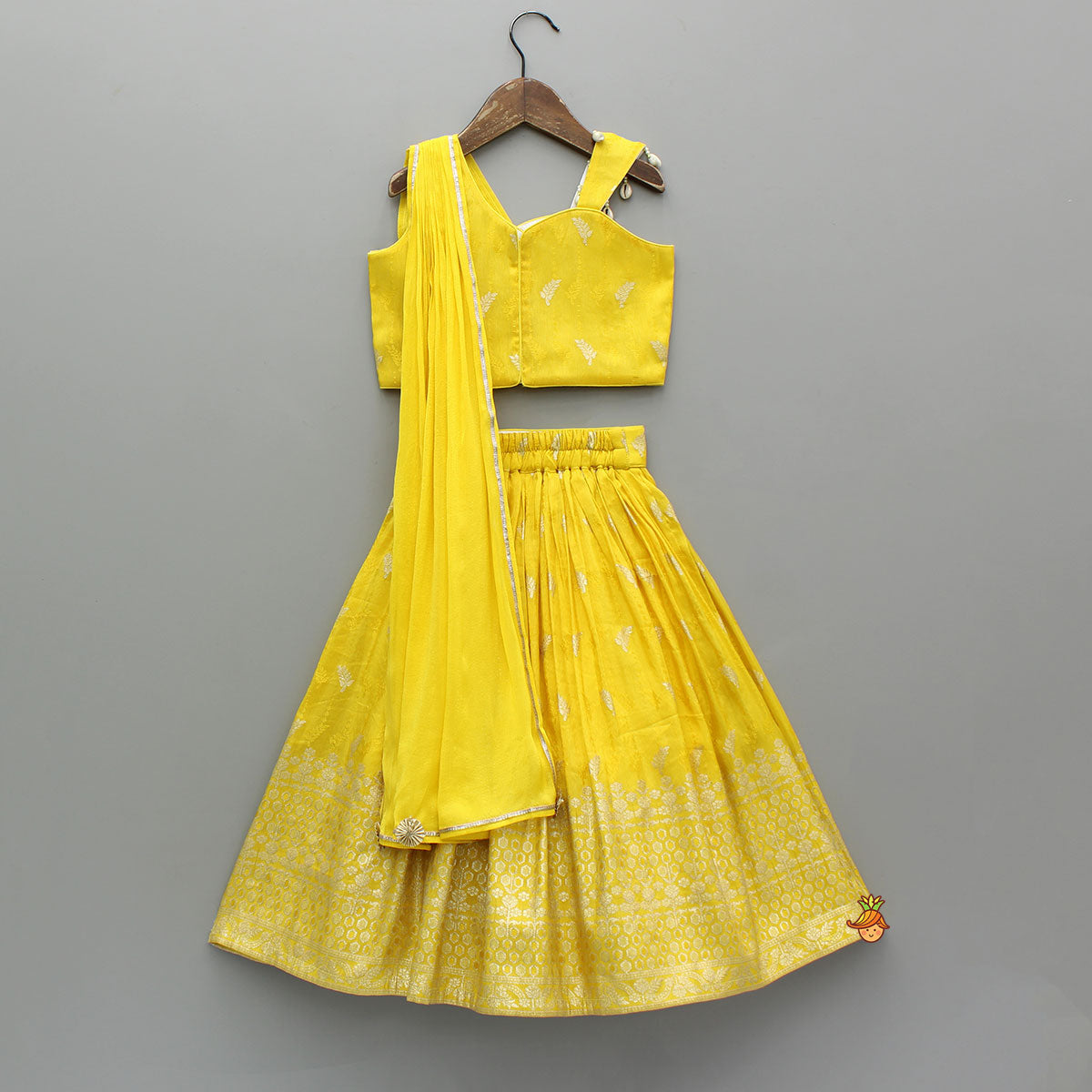 Pre Order: Yellow Attached Dupatta Style Top With Lehenga