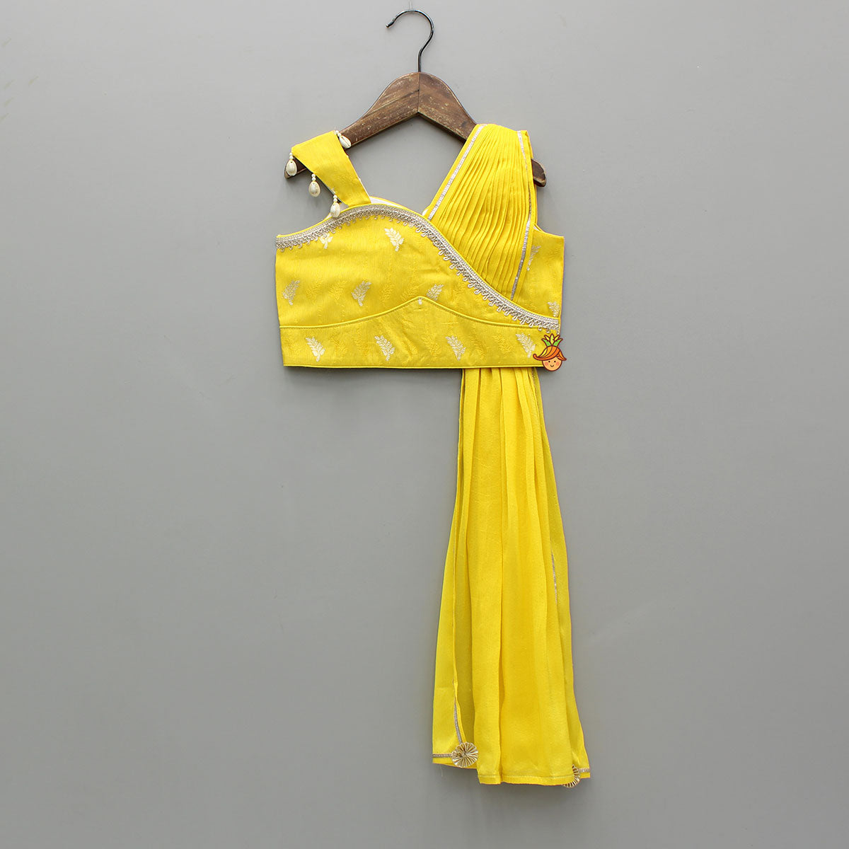Pre Order: Yellow Attached Dupatta Style Top With Lehenga