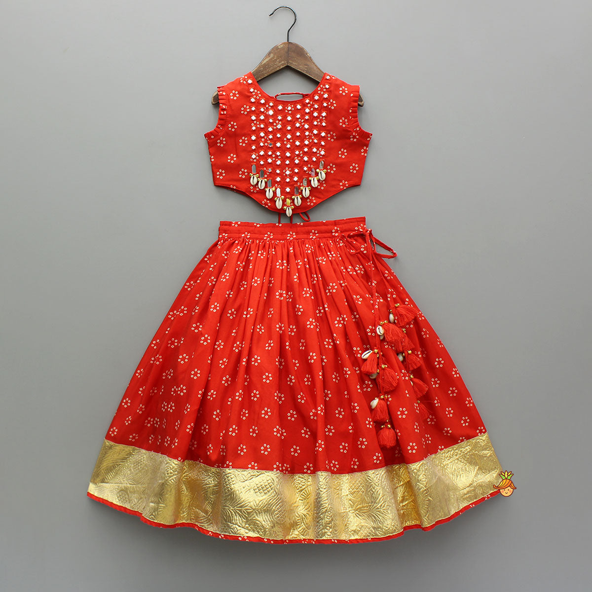 Pre Order: Red Mirror Embroidered Bandhej Printed Top With Matching Lehenga