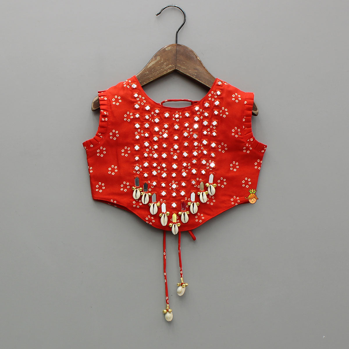 Pre Order: Red Mirror Embroidered Bandhej Printed Top With Matching Lehenga