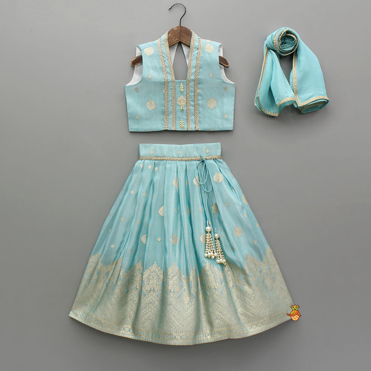Pre Order: Elegant Blue Lace Detailed Sheen Top With Matching Sheen Lehenga And Dupatta