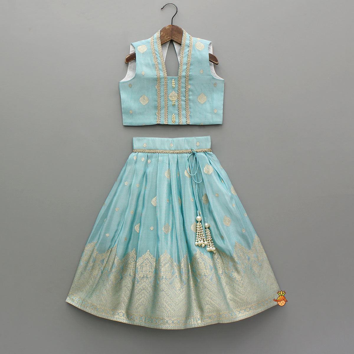 Pre Order: Elegant Blue Lace Detailed Sheen Top With Matching Sheen Lehenga And Dupatta