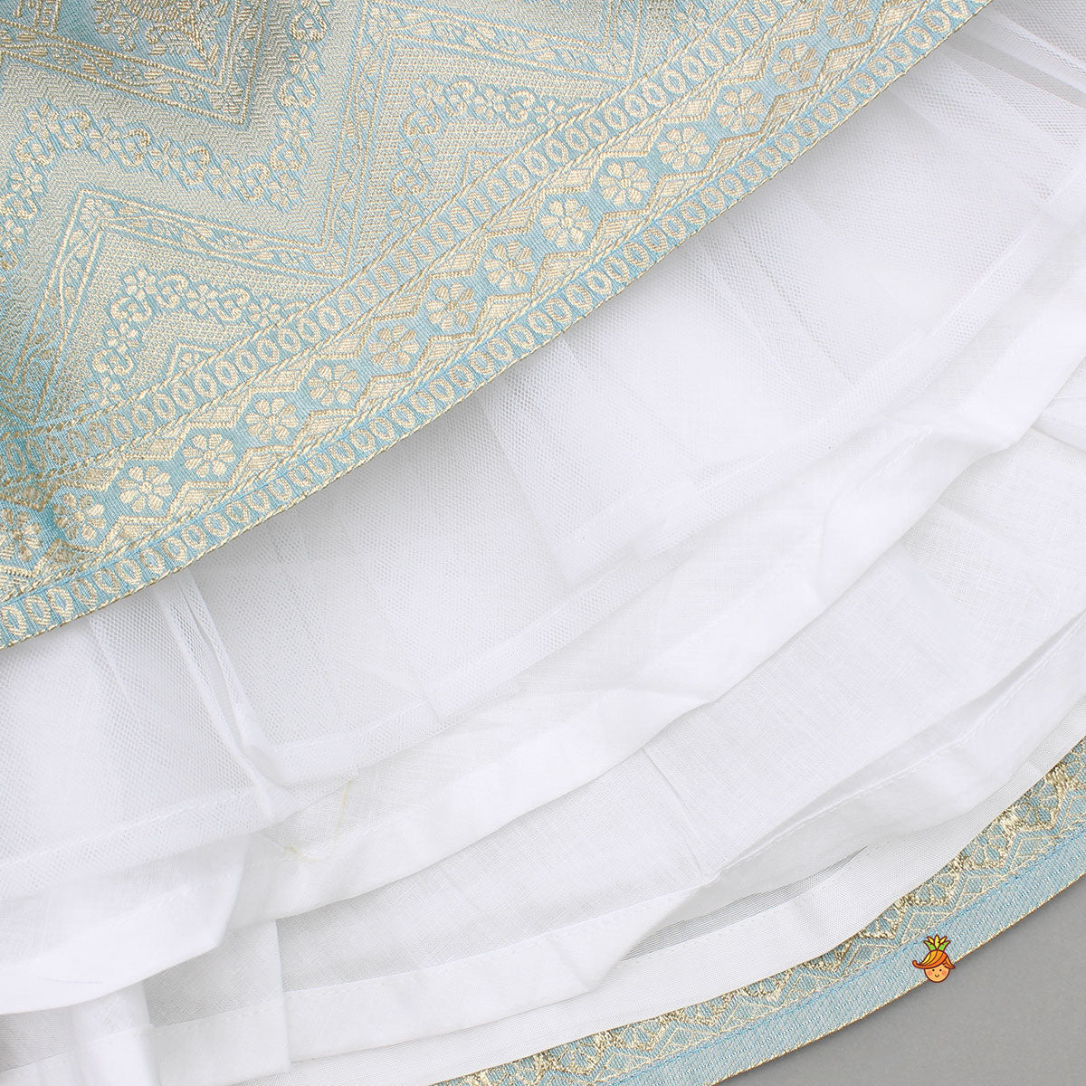 Pre Order: Elegant Blue Lace Detailed Sheen Top With Matching Sheen Lehenga And Dupatta