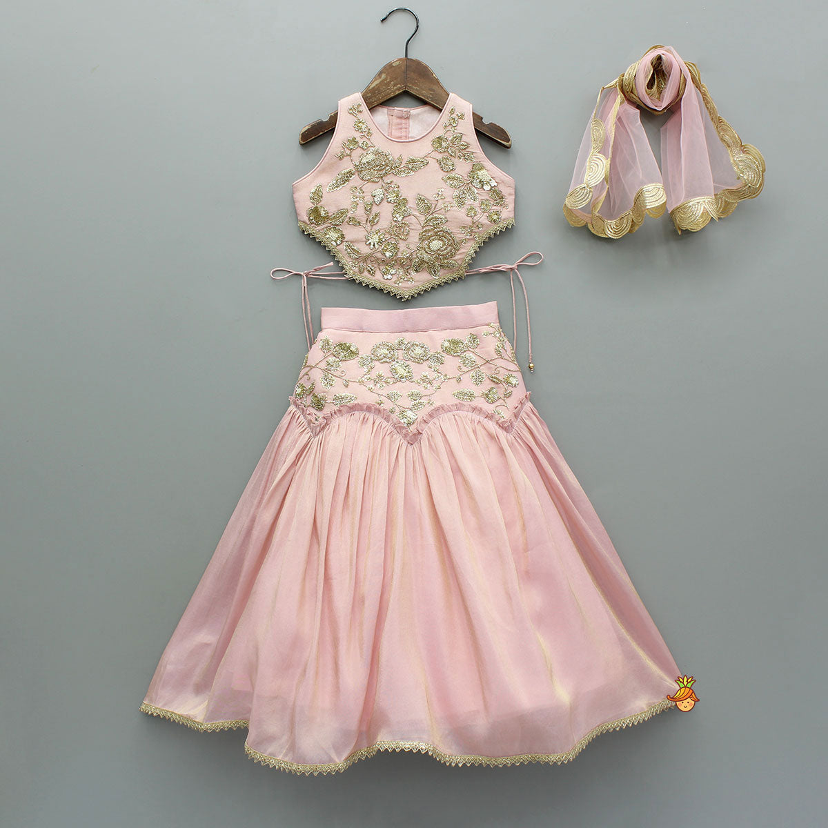 Pre Order: Cut Dana Embroidered Pink Shimmer Top And Lehenga With Net Dupatta