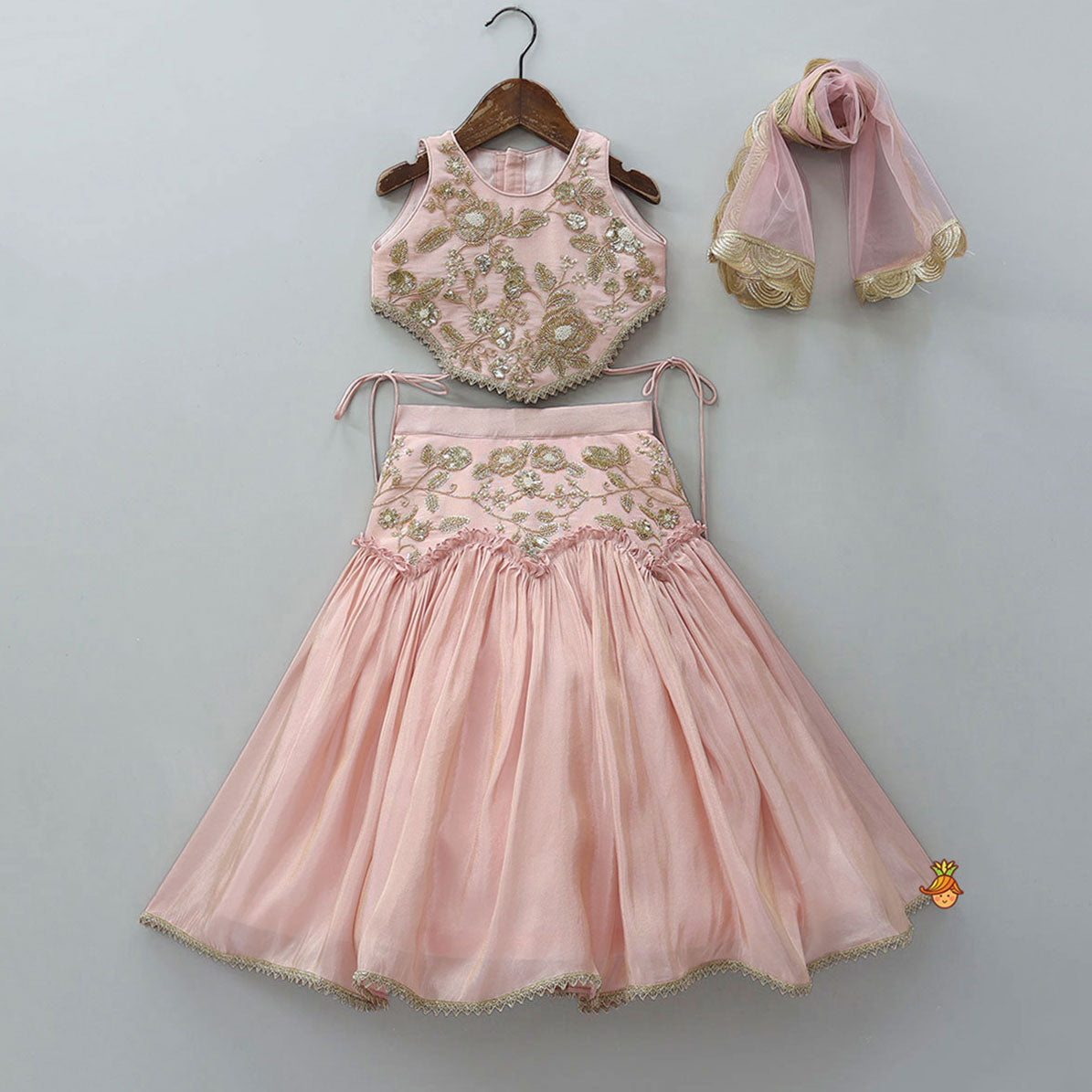 Pre Order: Cut Dana Embroidered Pink Shimmer Top And Lehenga With Net Dupatta