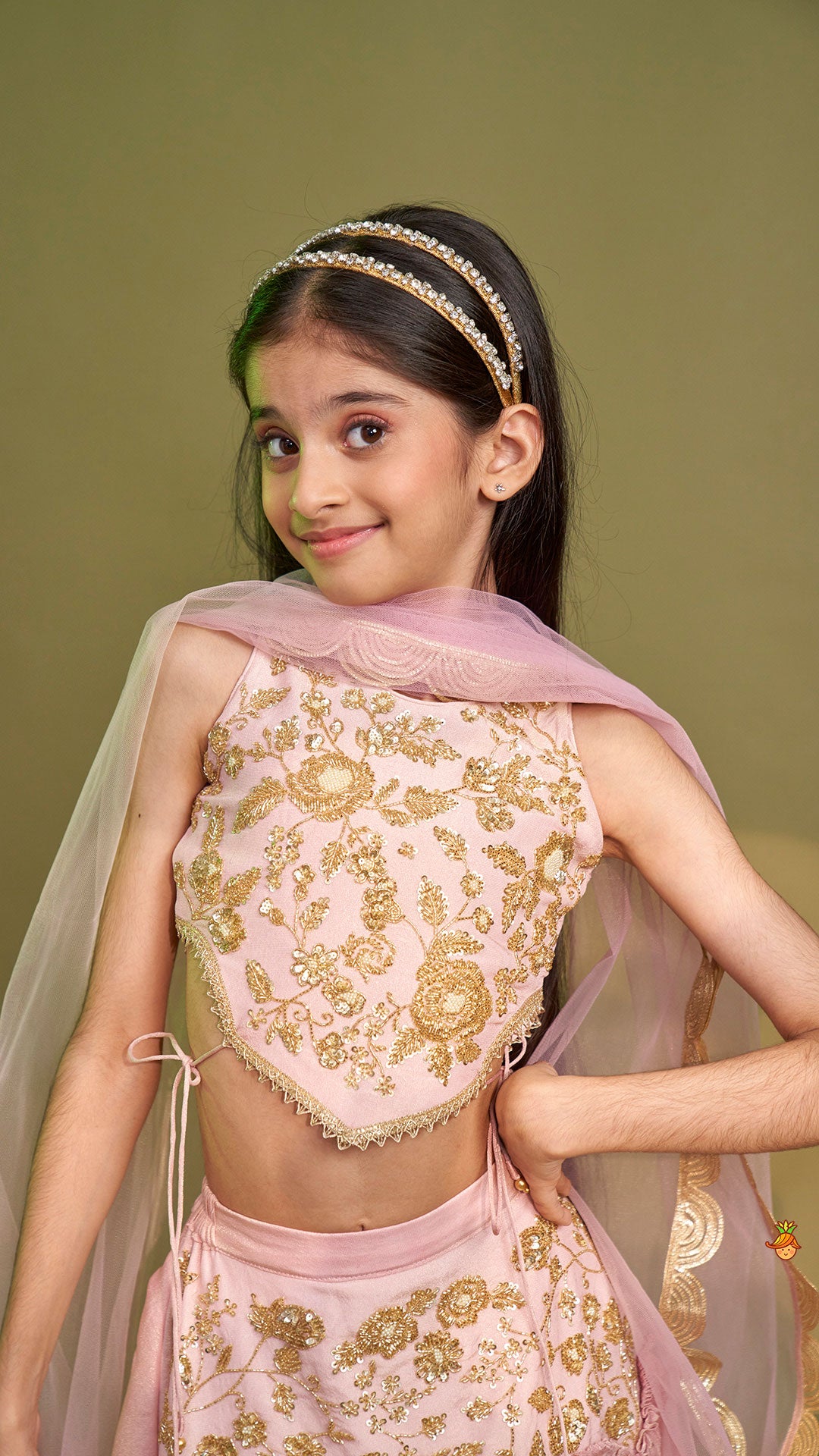 Pre Order: Cut Dana Embroidered Pink Shimmer Top And Lehenga With Net Dupatta