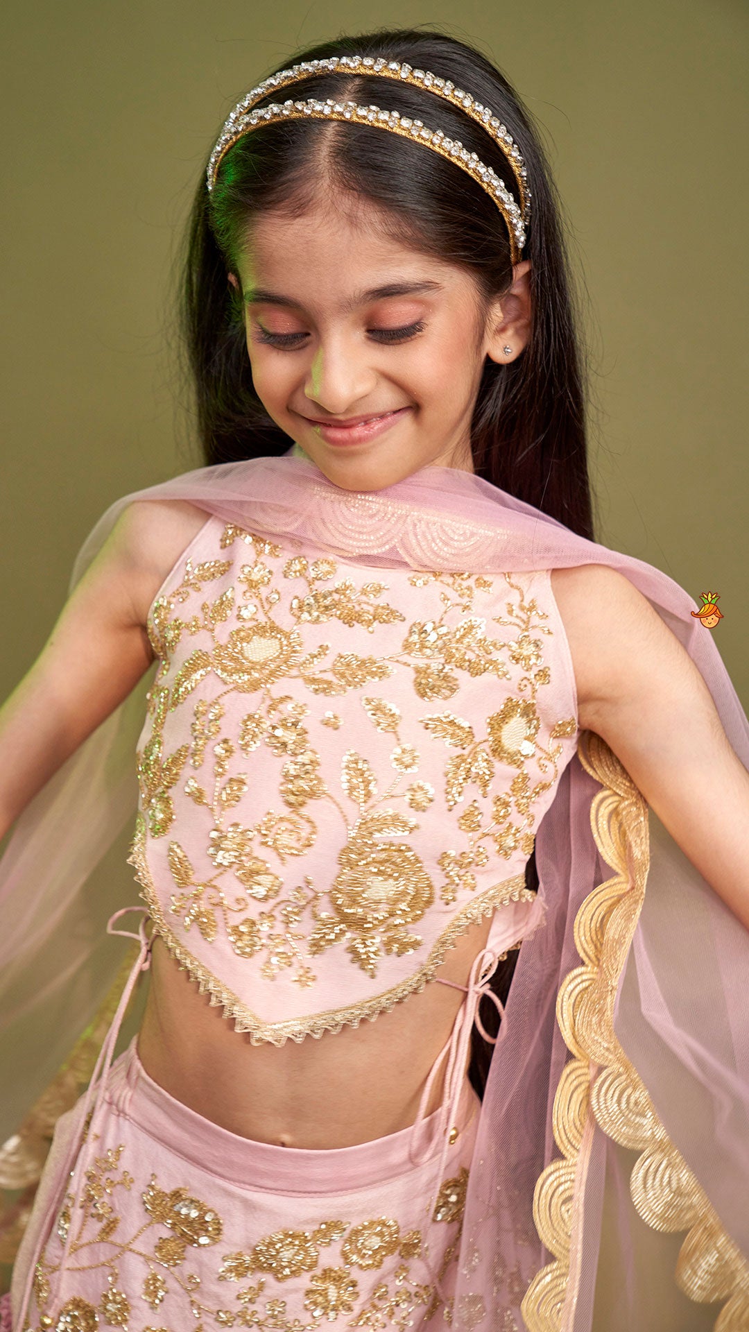 Pre Order: Cut Dana Embroidered Pink Shimmer Top And Lehenga With Net Dupatta