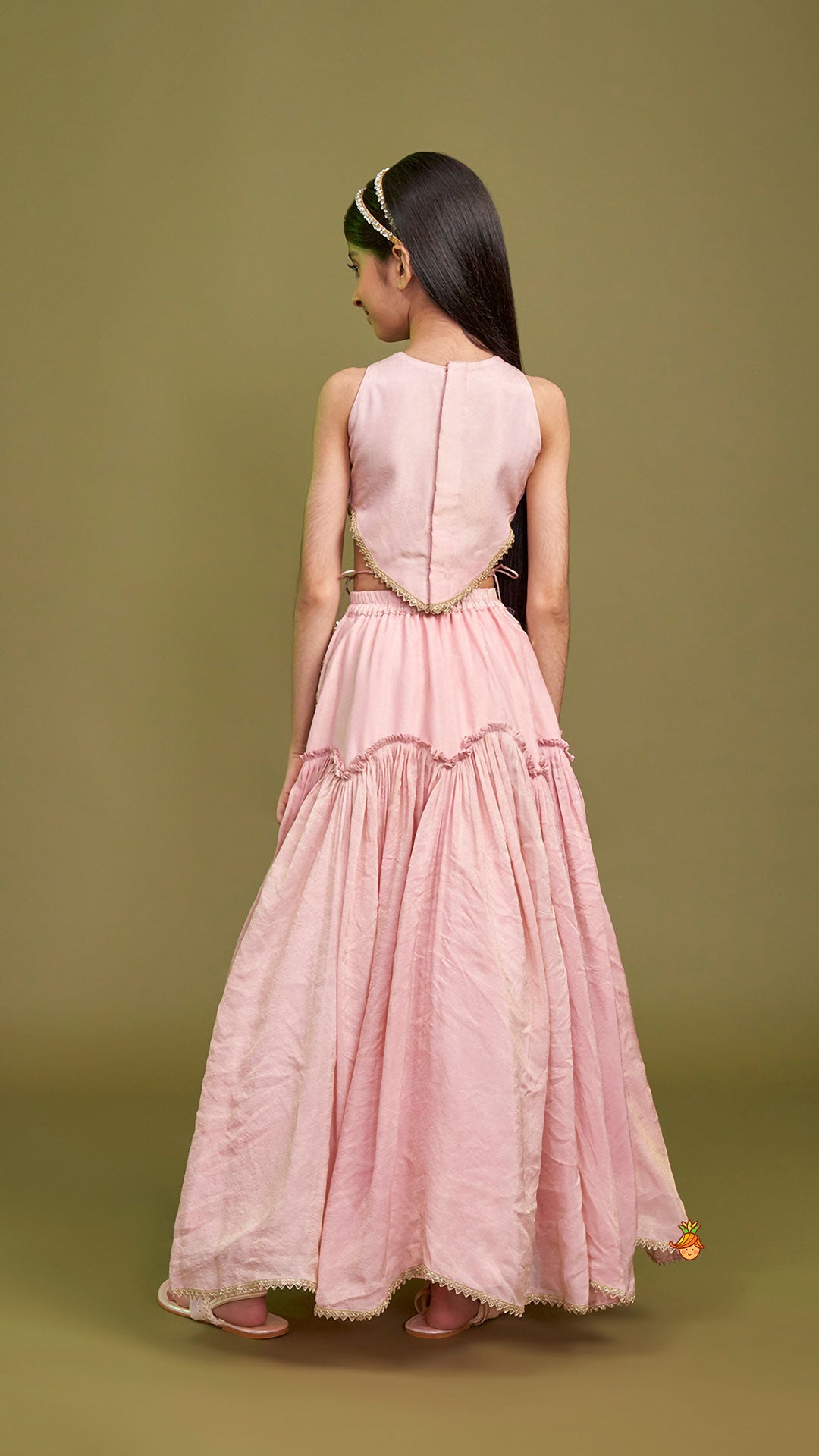 Pre Order: Cut Dana Embroidered Pink Shimmer Top And Lehenga With Net Dupatta