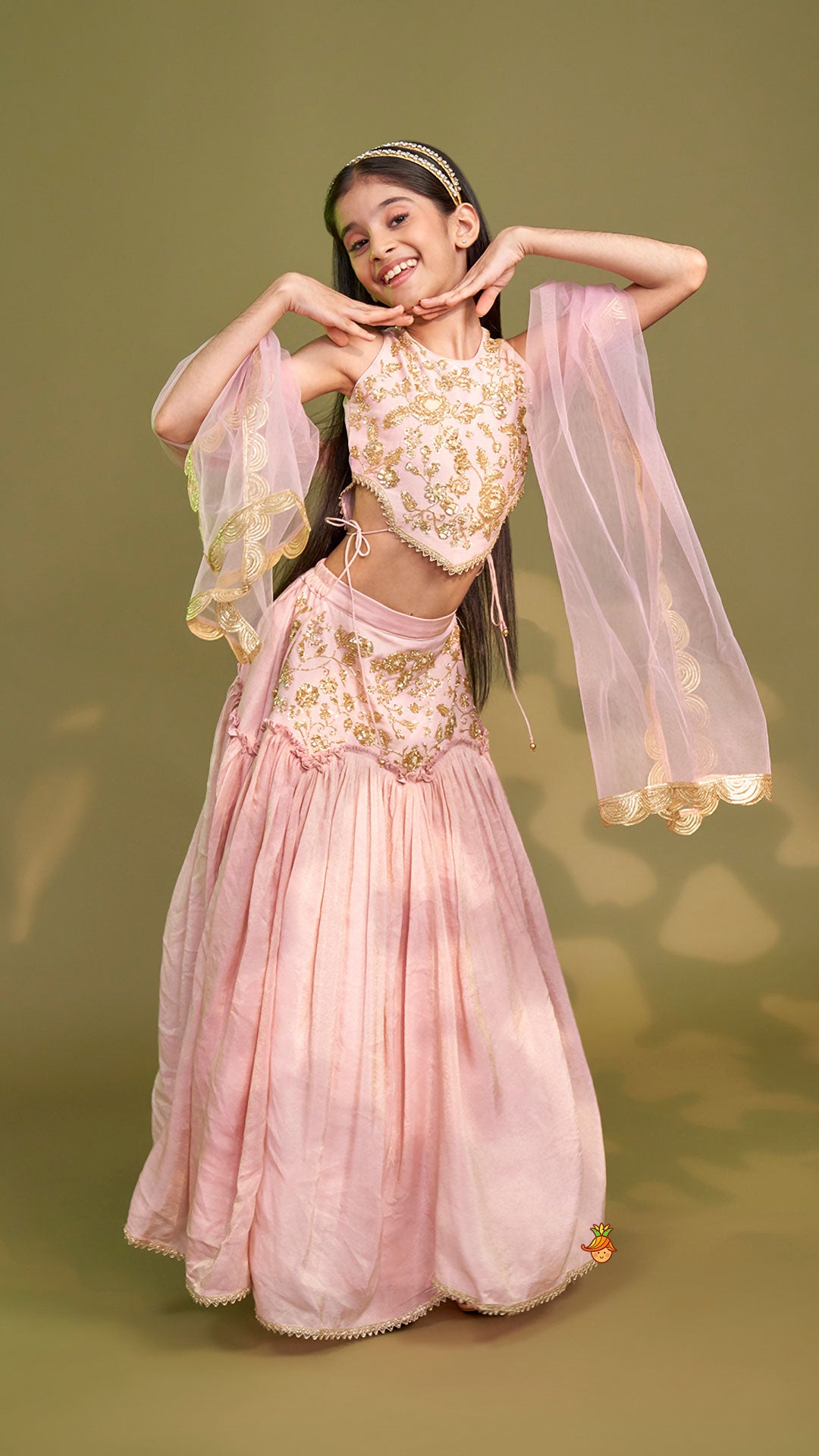 Pre Order: Cut Dana Embroidered Pink Shimmer Top And Lehenga With Net Dupatta