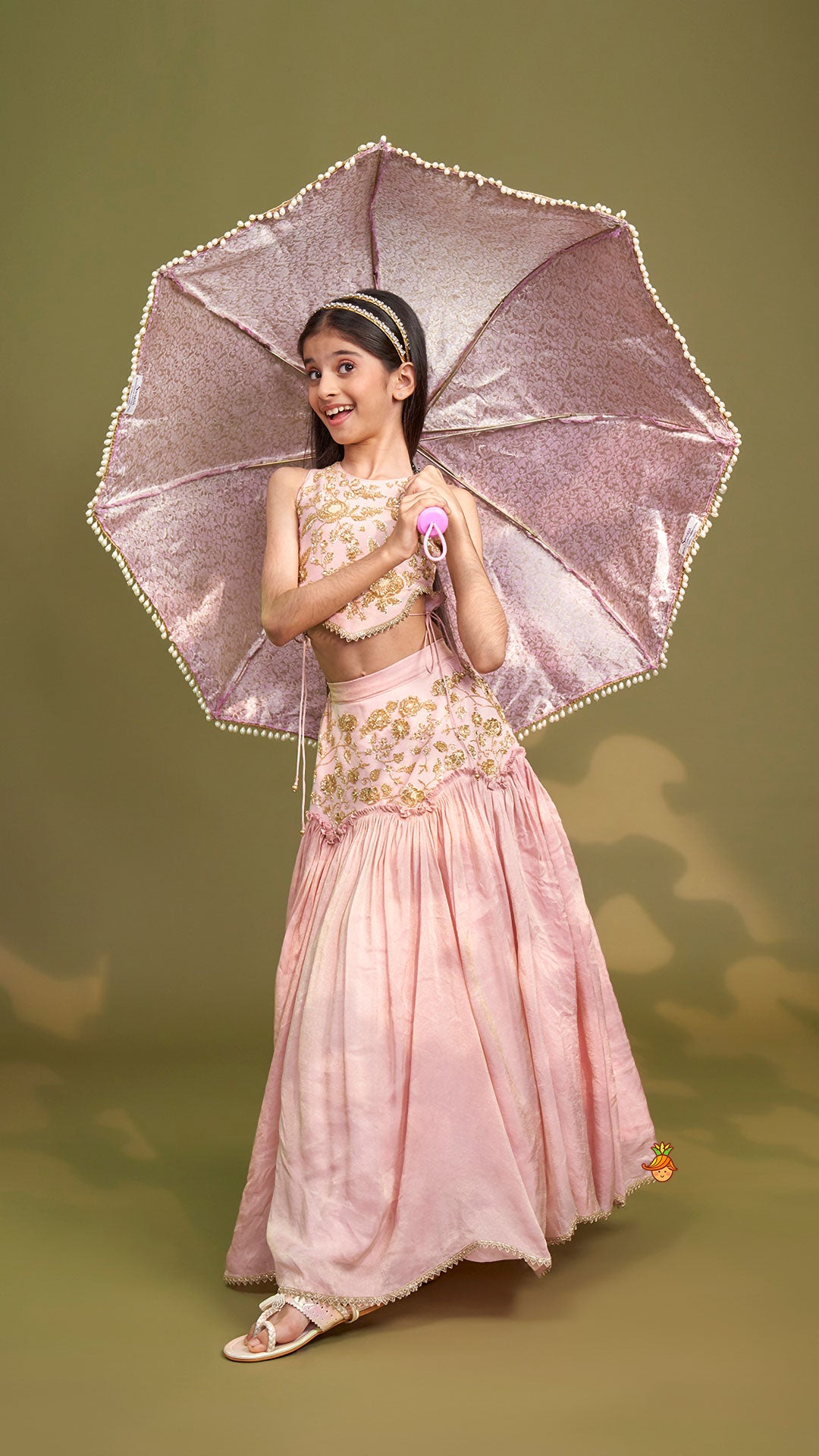 Pre Order: Cut Dana Embroidered Pink Shimmer Top And Lehenga With Net Dupatta