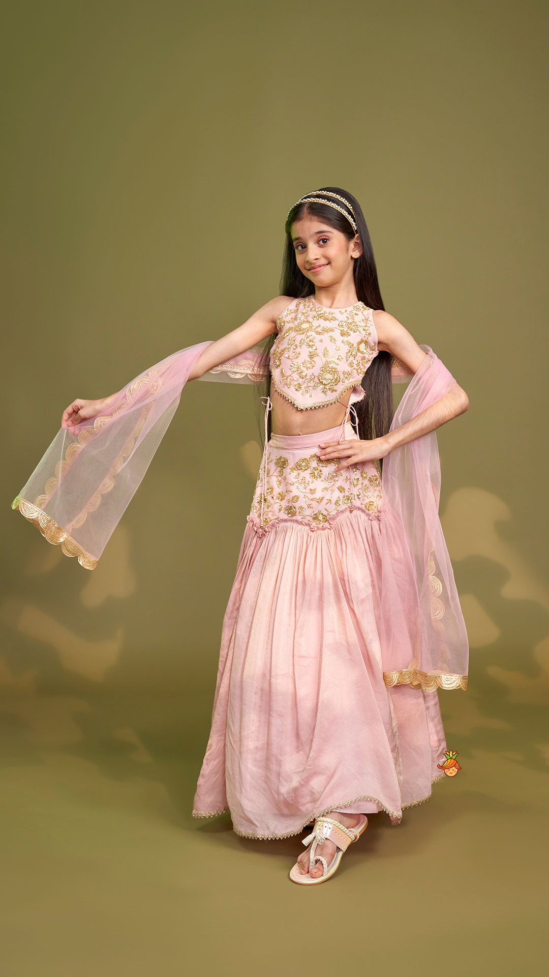 Pre Order: Cut Dana Embroidered Pink Shimmer Top And Lehenga With Net Dupatta