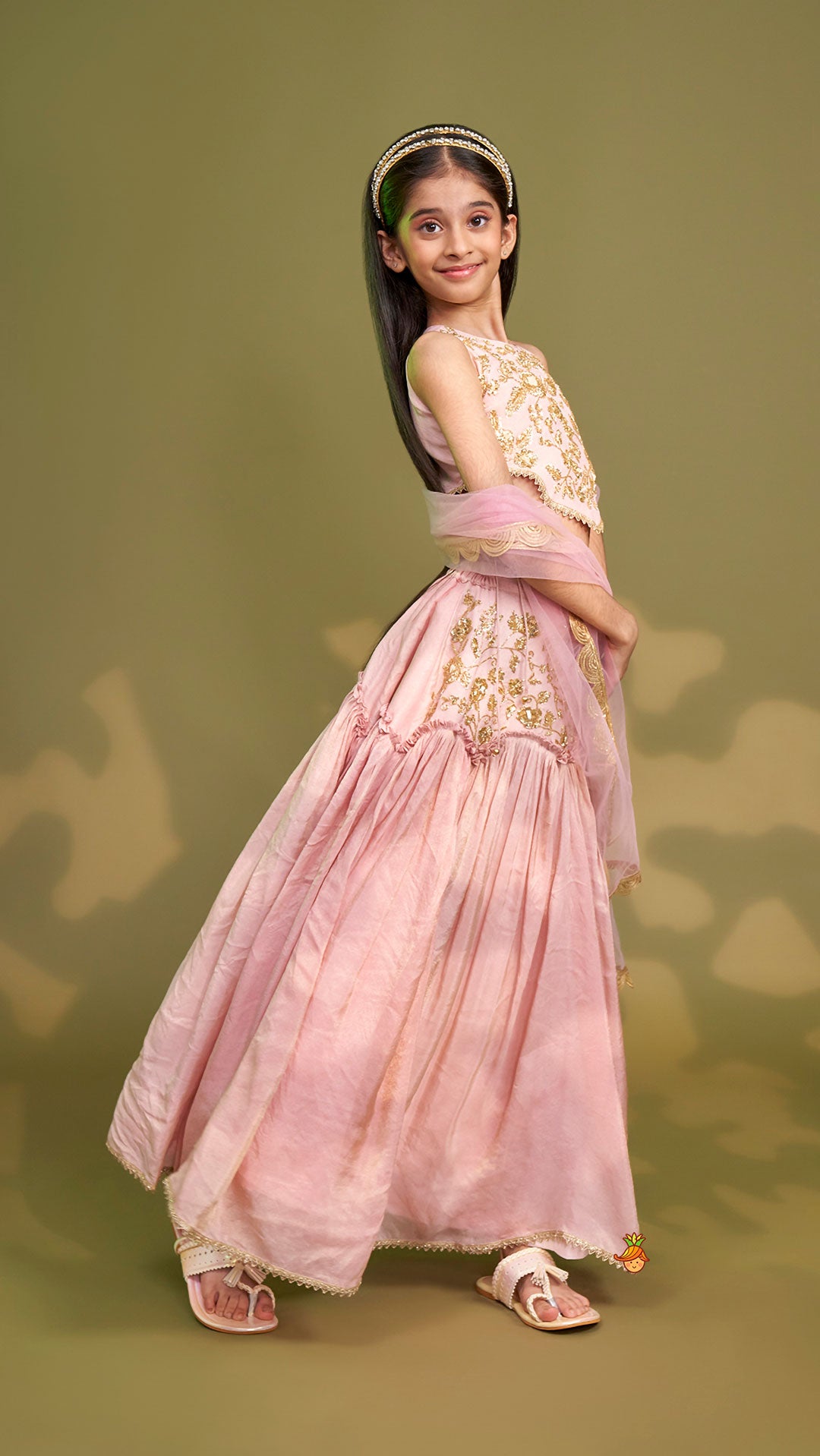 Pre Order: Cut Dana Embroidered Pink Shimmer Top And Lehenga With Net Dupatta