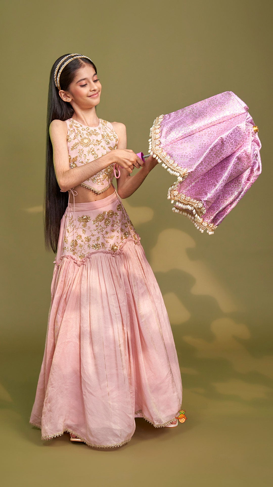 Pre Order: Cut Dana Embroidered Pink Shimmer Top And Lehenga With Net Dupatta