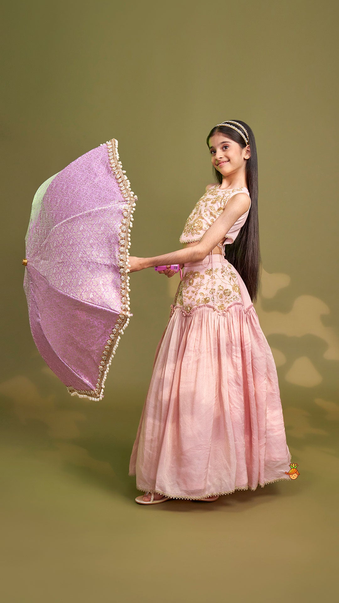 Pre Order: Cut Dana Embroidered Pink Shimmer Top And Lehenga With Net Dupatta