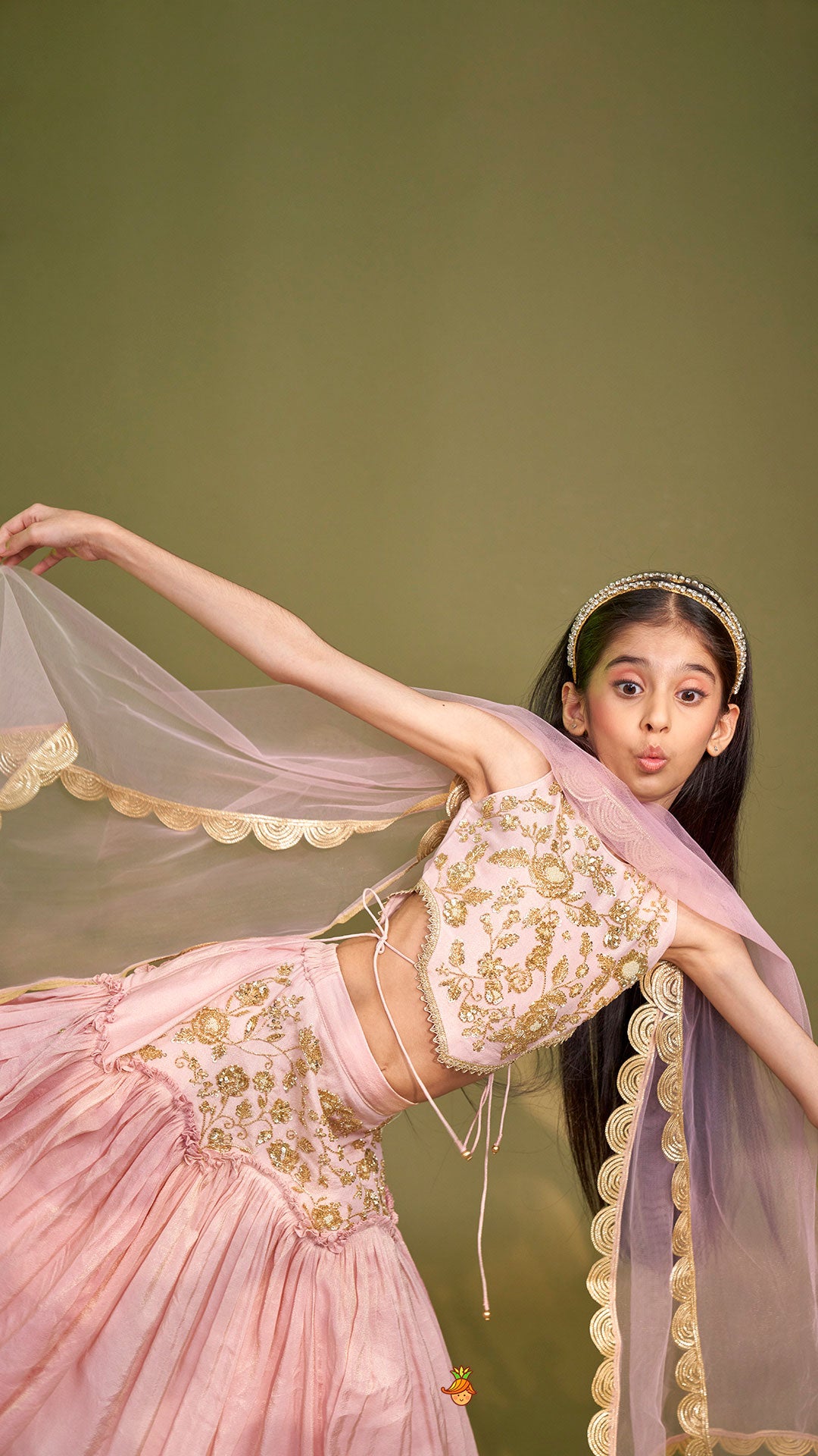 Pre Order: Cut Dana Embroidered Pink Shimmer Top And Lehenga With Net Dupatta