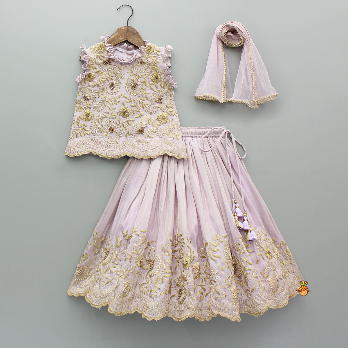 Pre Order: Shimmery Lavender Embroidered Ruffled Top With Shimmery Lehenga And Dupatta