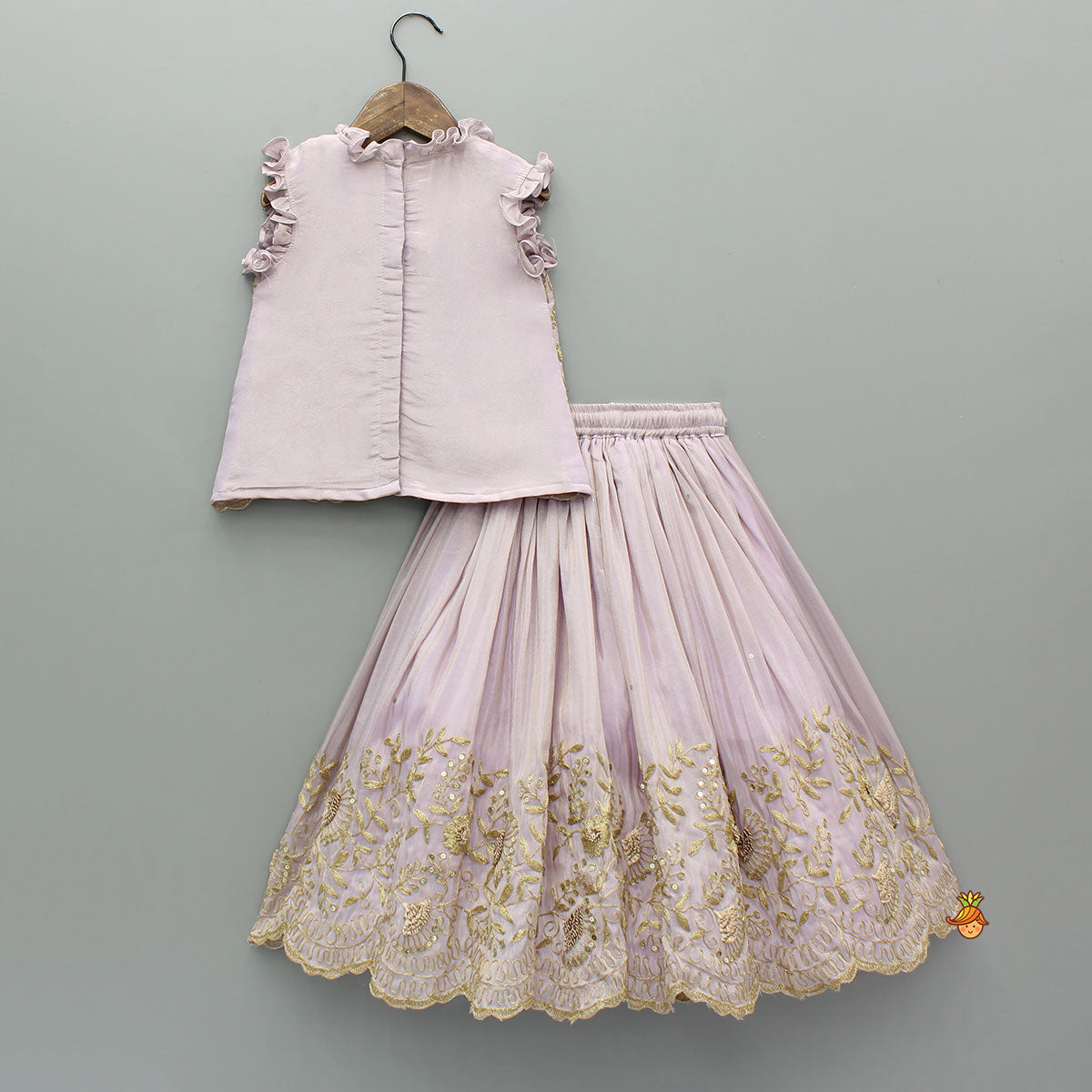 Pre Order: Shimmery Lavender Embroidered Ruffled Top With Shimmery Lehenga And Dupatta