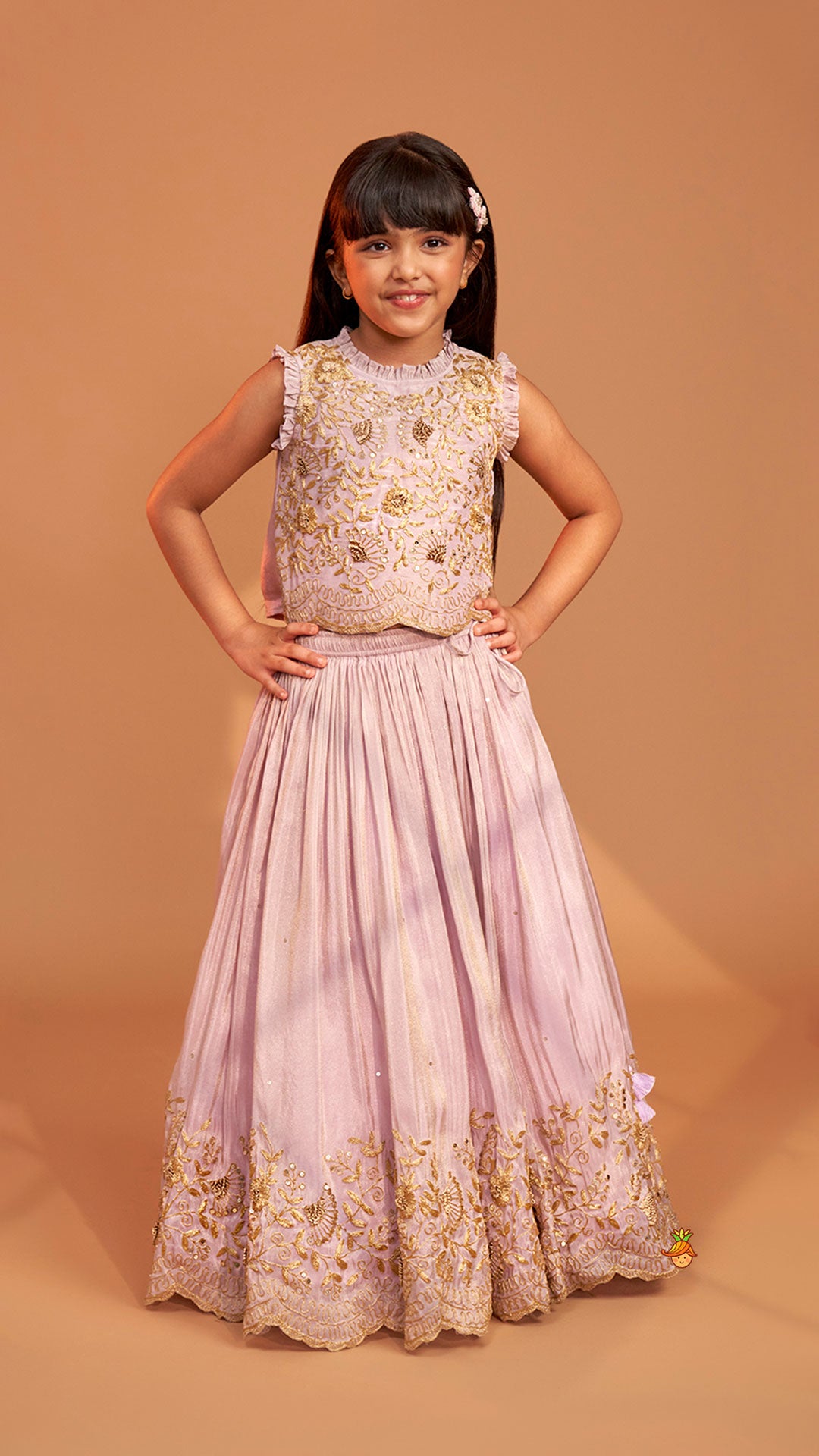 Pre Order: Shimmery Lavender Embroidered Ruffled Top With Shimmery Lehenga And Dupatta
