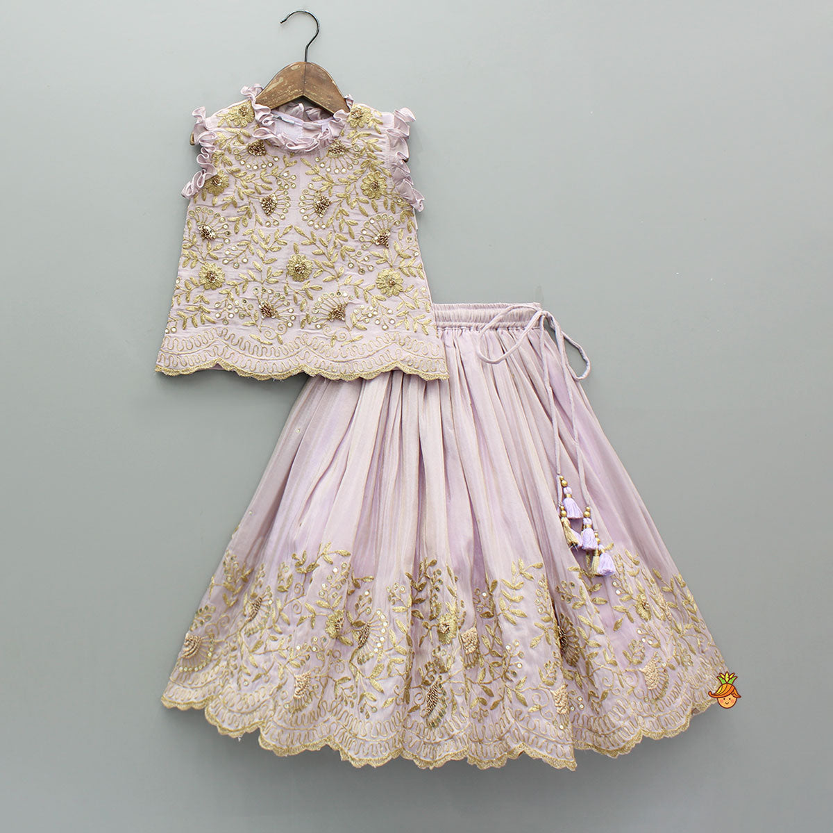 Pre Order: Shimmery Lavender Embroidered Ruffled Top With Shimmery Lehenga And Dupatta