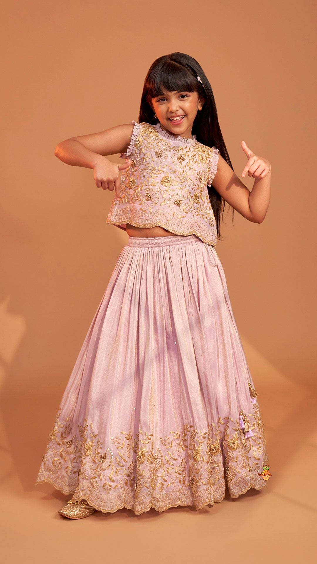 Pre Order: Shimmery Lavender Embroidered Ruffled Top With Shimmery Lehenga And Dupatta