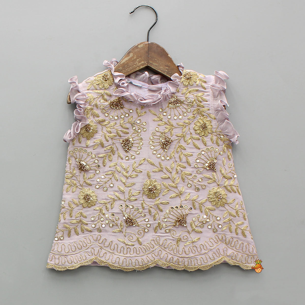 Pre Order: Shimmery Lavender Embroidered Ruffled Top With Shimmery Lehenga And Dupatta