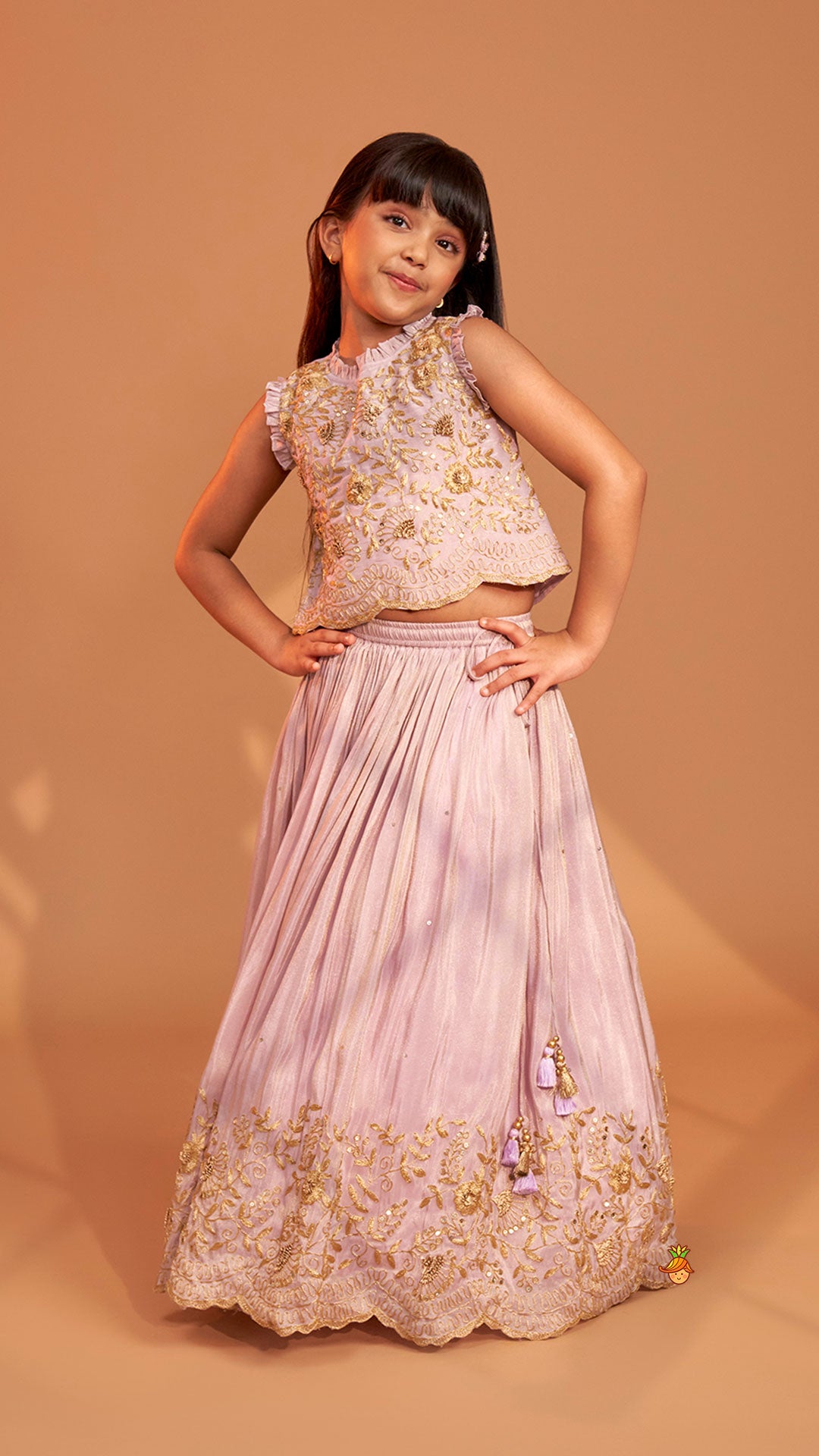 Pre Order: Shimmery Lavender Embroidered Ruffled Top With Shimmery Lehenga And Dupatta