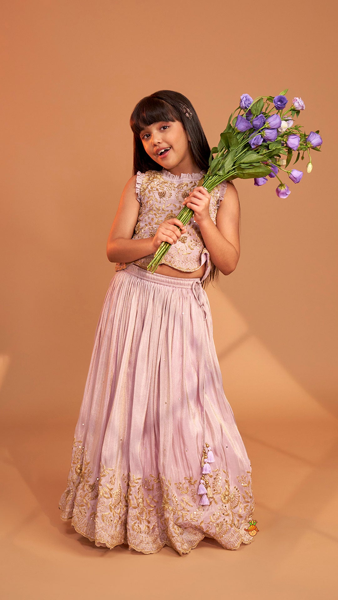 Pre Order: Shimmery Lavender Embroidered Ruffled Top With Shimmery Lehenga And Dupatta