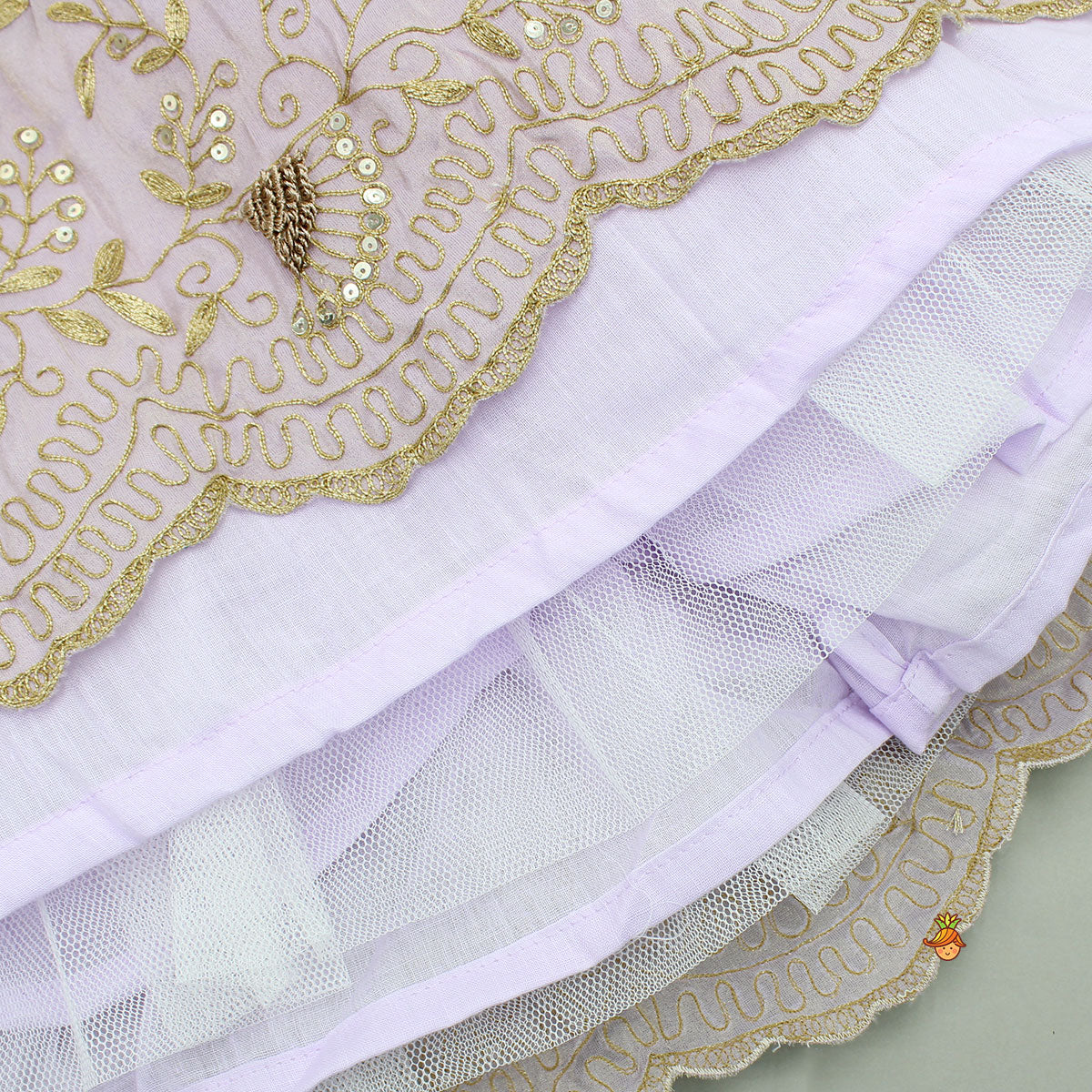 Pre Order: Shimmery Lavender Embroidered Ruffled Top With Shimmery Lehenga And Dupatta