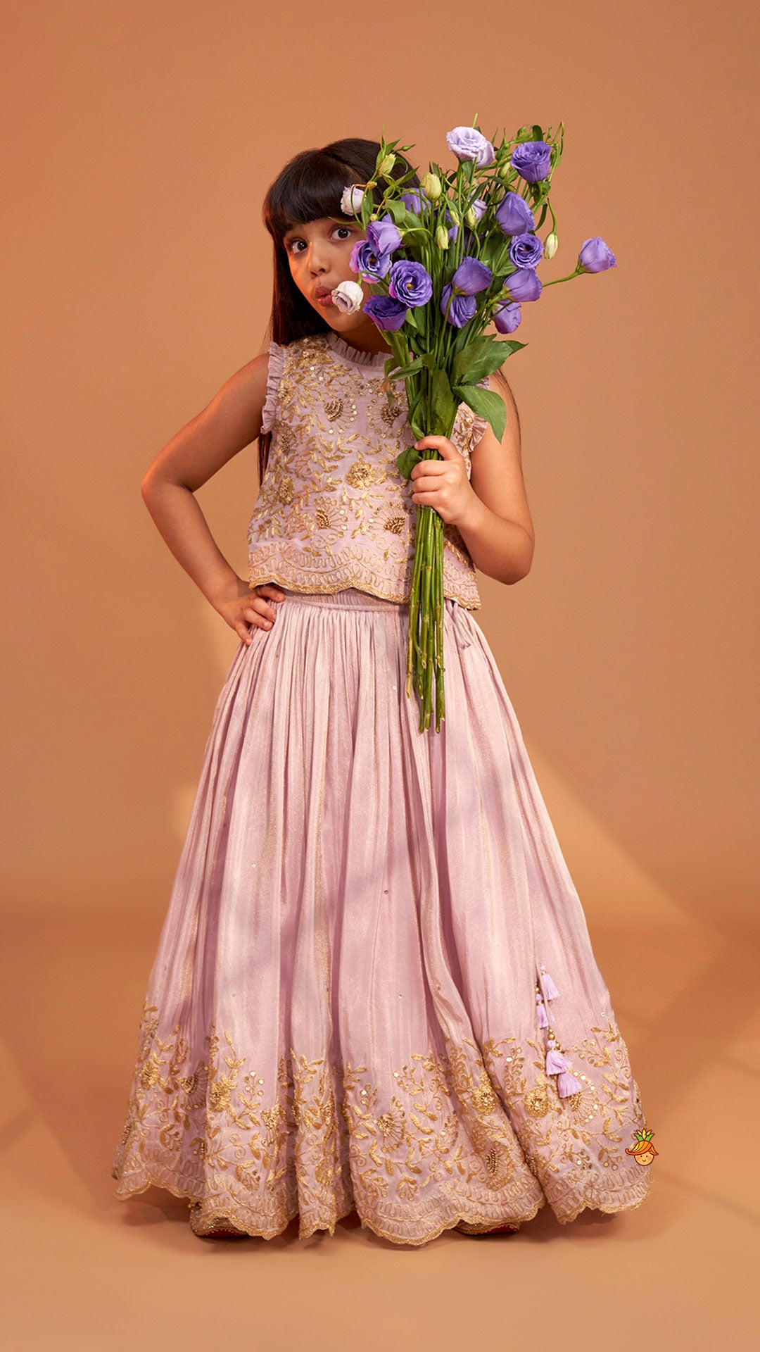 Pre Order: Shimmery Lavender Embroidered Ruffled Top With Shimmery Lehenga And Dupatta
