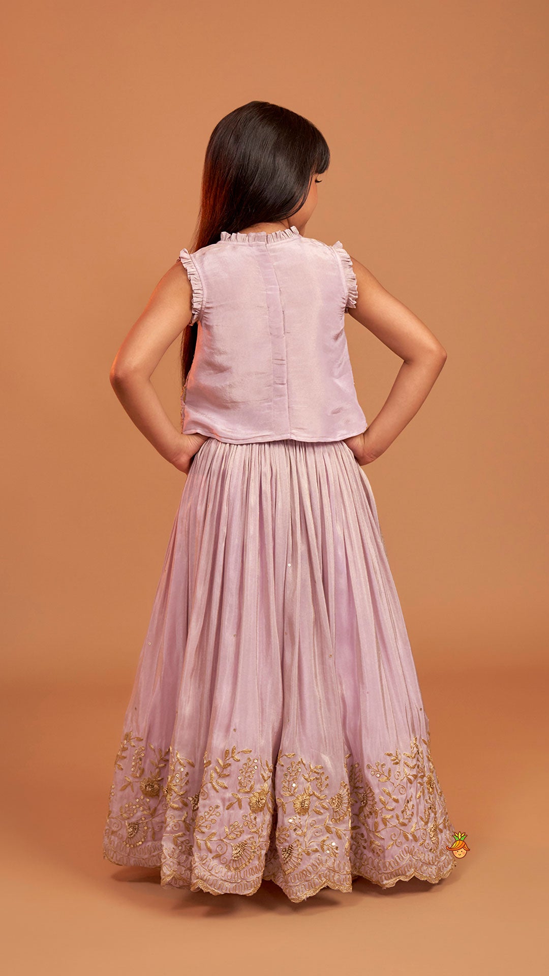 Pre Order: Shimmery Lavender Embroidered Ruffled Top With Shimmery Lehenga And Dupatta