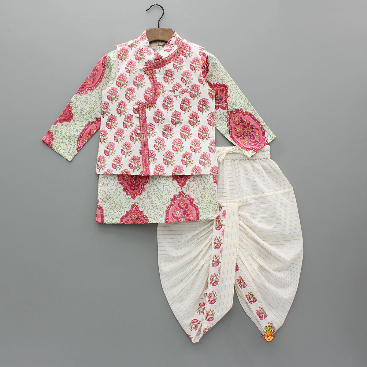 Pre Order: Ethnic Floral Printed Kurta With Jacket And Dhoti