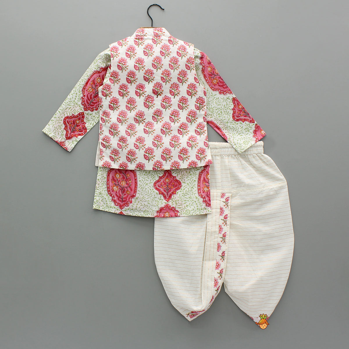 Pre Order: Ethnic Floral Printed Kurta With Jacket And Dhoti