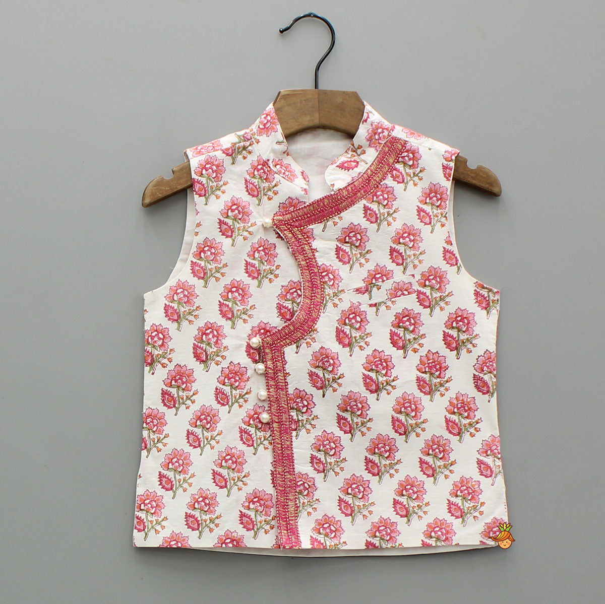 Pre Order: Ethnic Floral Printed Kurta With Jacket And Dhoti