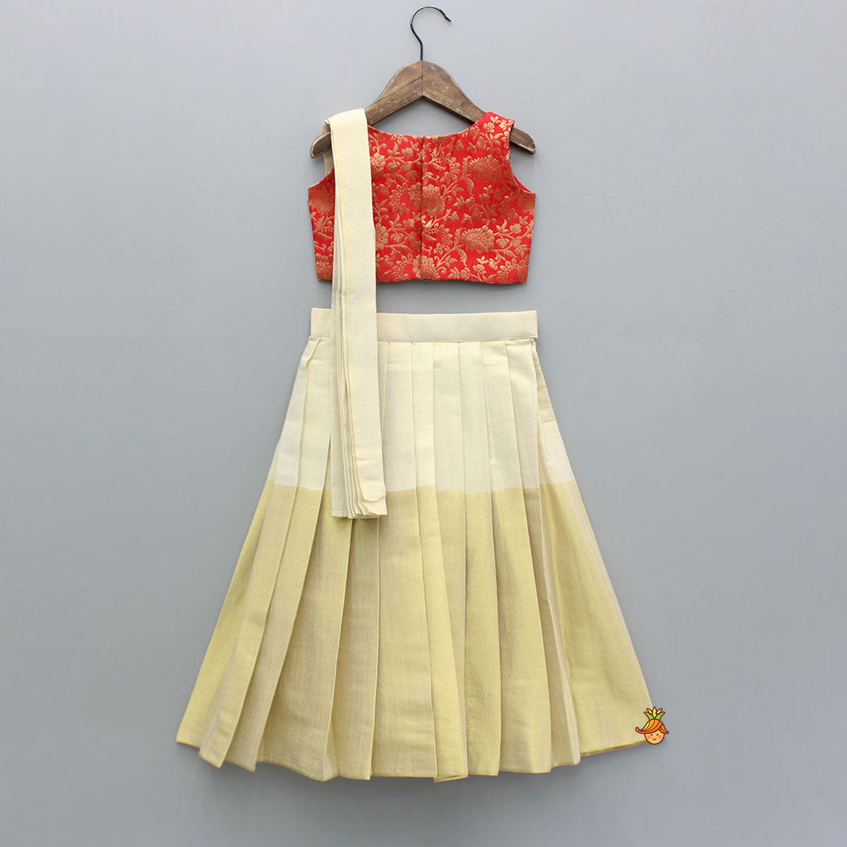 Pre Order: Red Ethnic Drape Detailed Top With Pleated Zari Sheen Lehenga