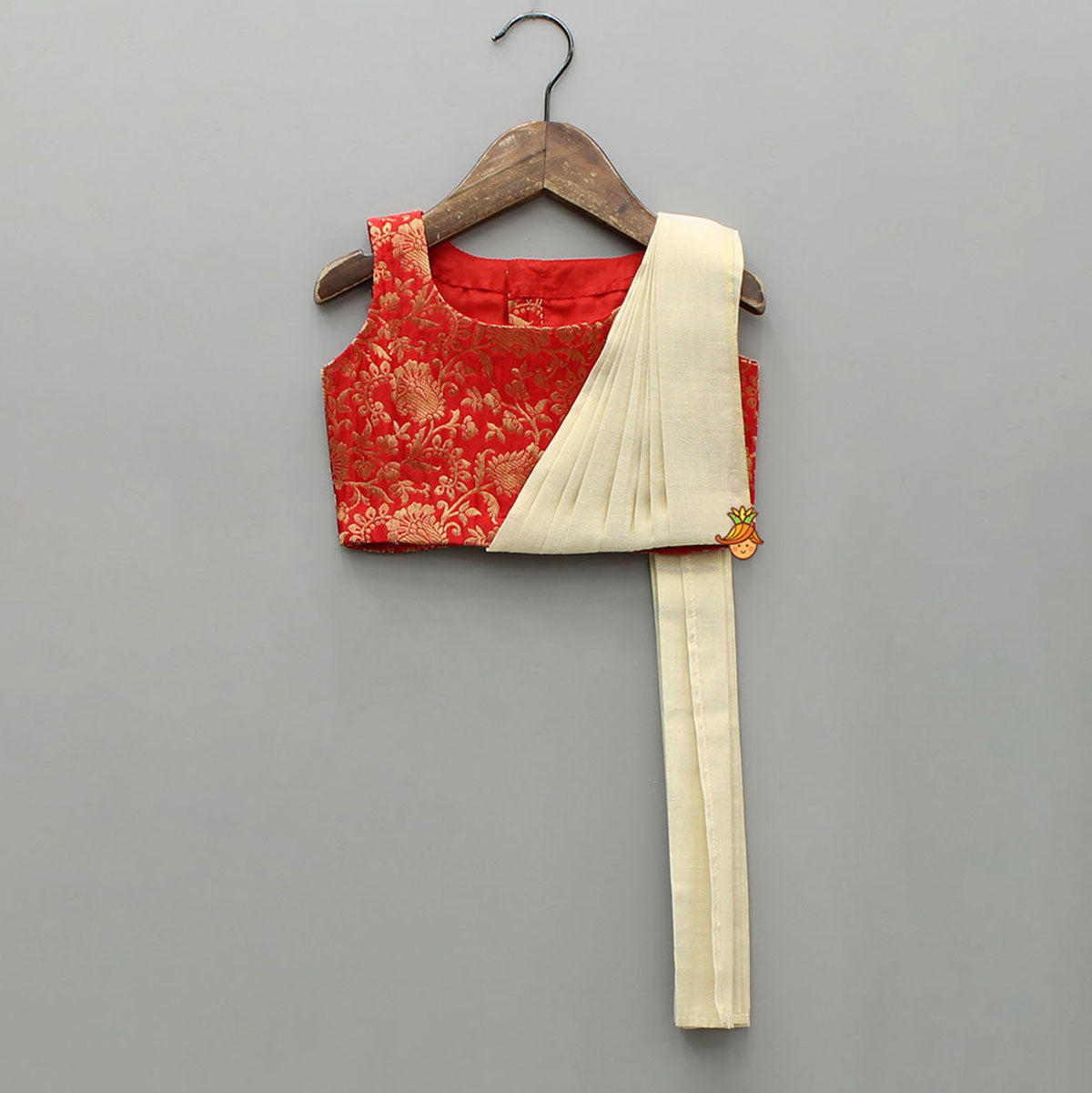 Pre Order: Red Ethnic Drape Detailed Top With Pleated Zari Sheen Lehenga