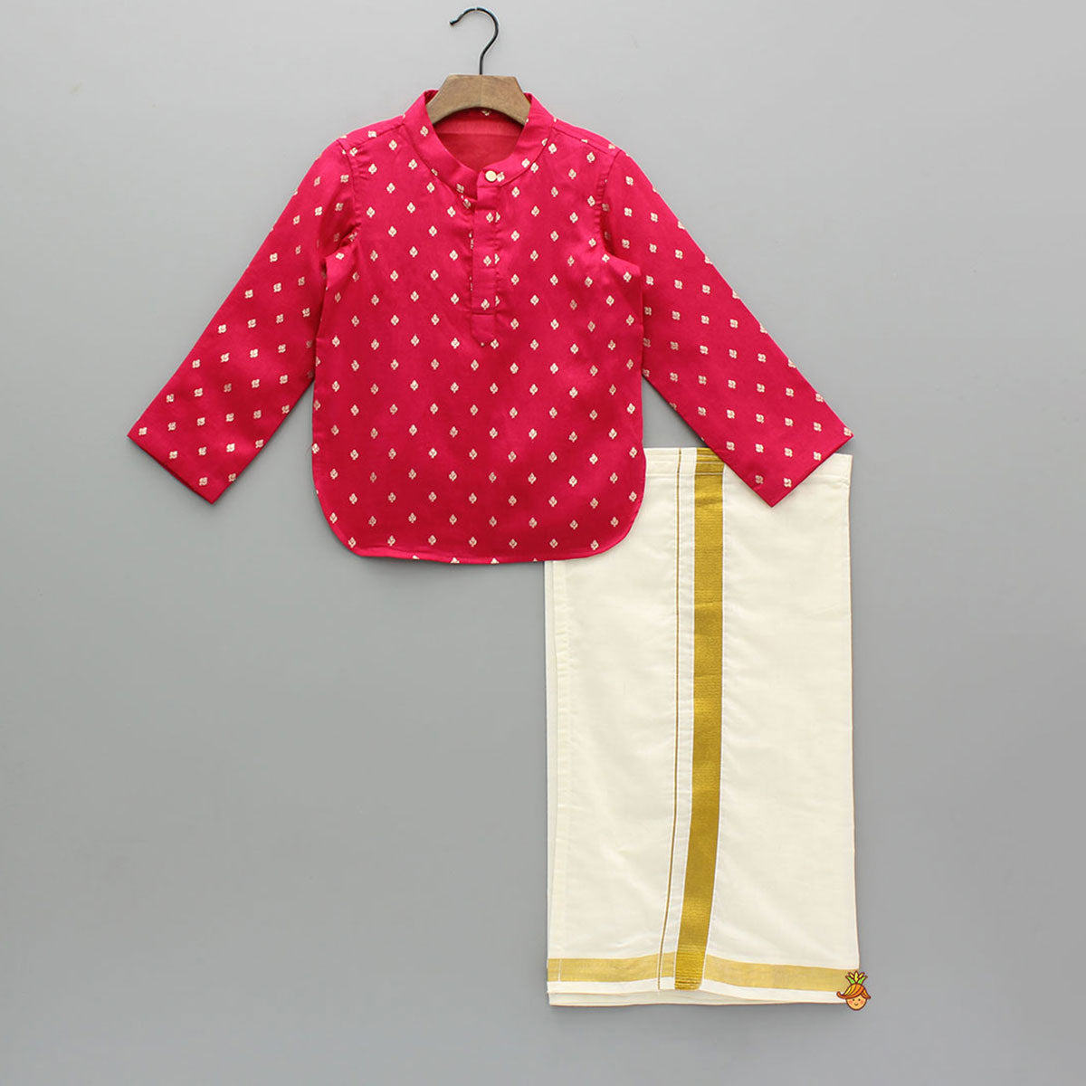Pre Order: Red Brocade Kurta With Wrap Lungi