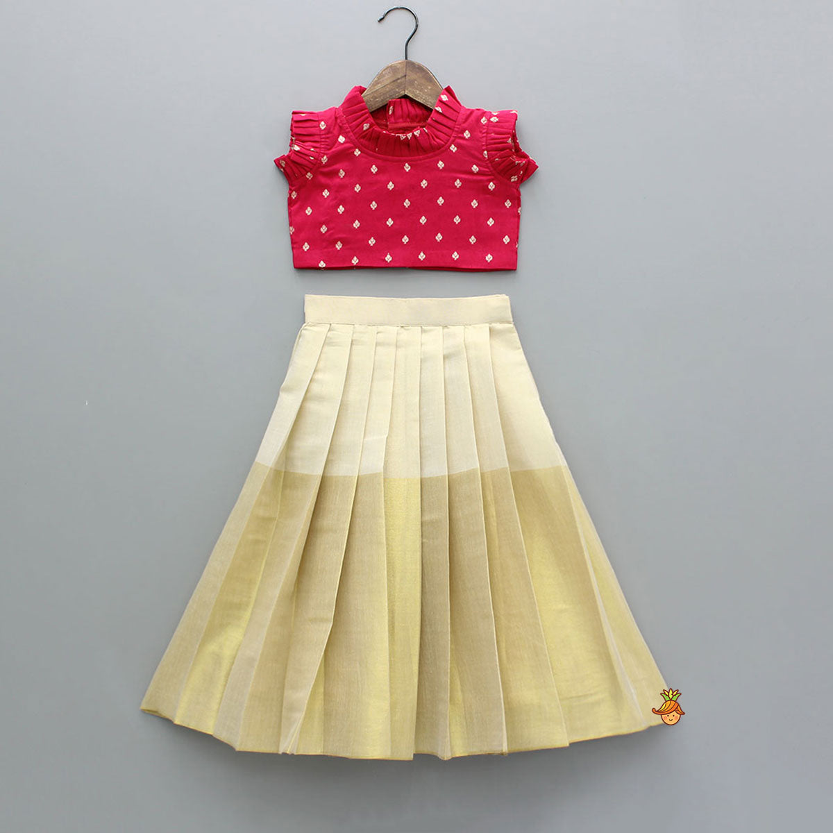 Pre Order: Pink Brocade Top With Sheen Zari Lehenga