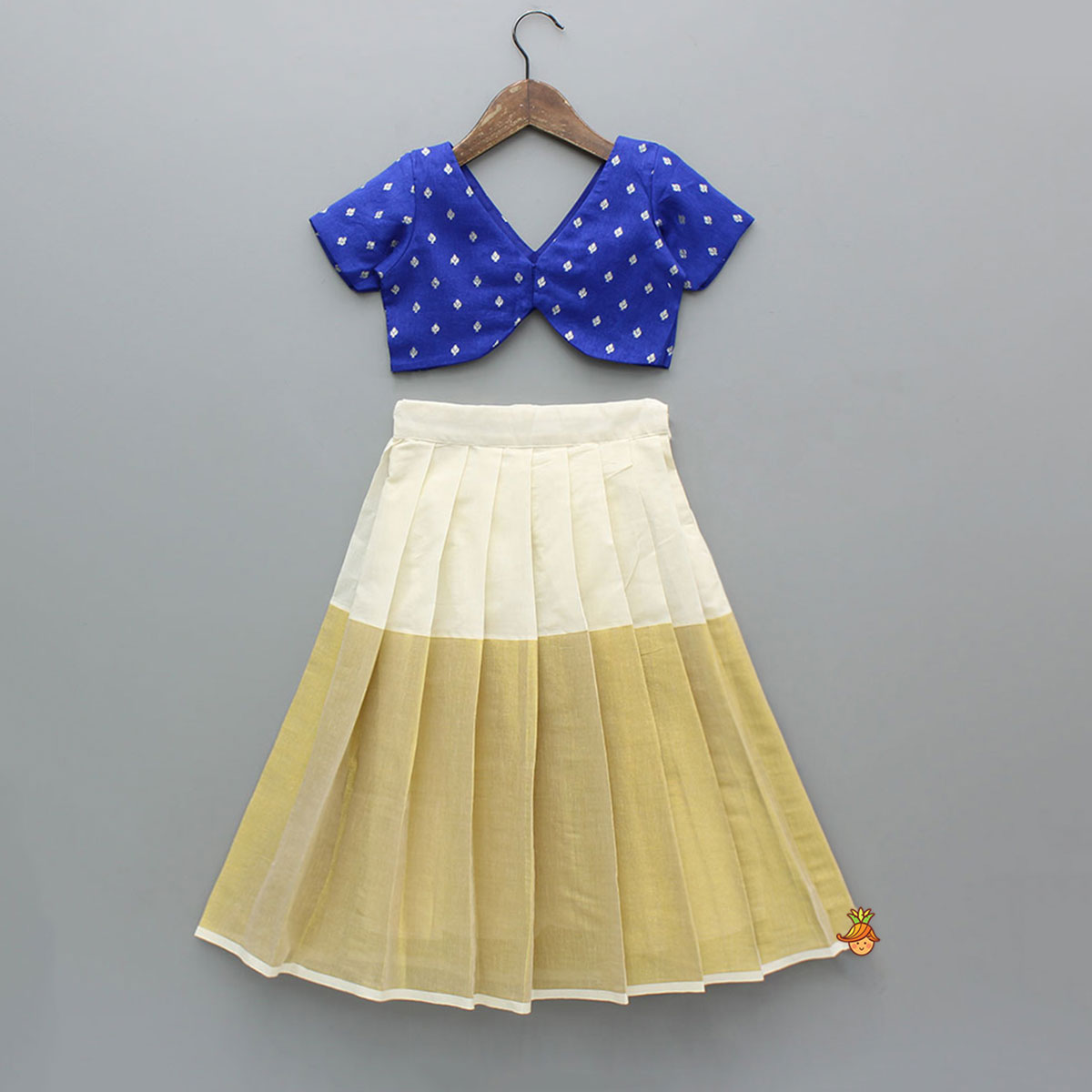 Pre Order: Stylish Blue Ethnic Top With Pleated Zari Lehenga