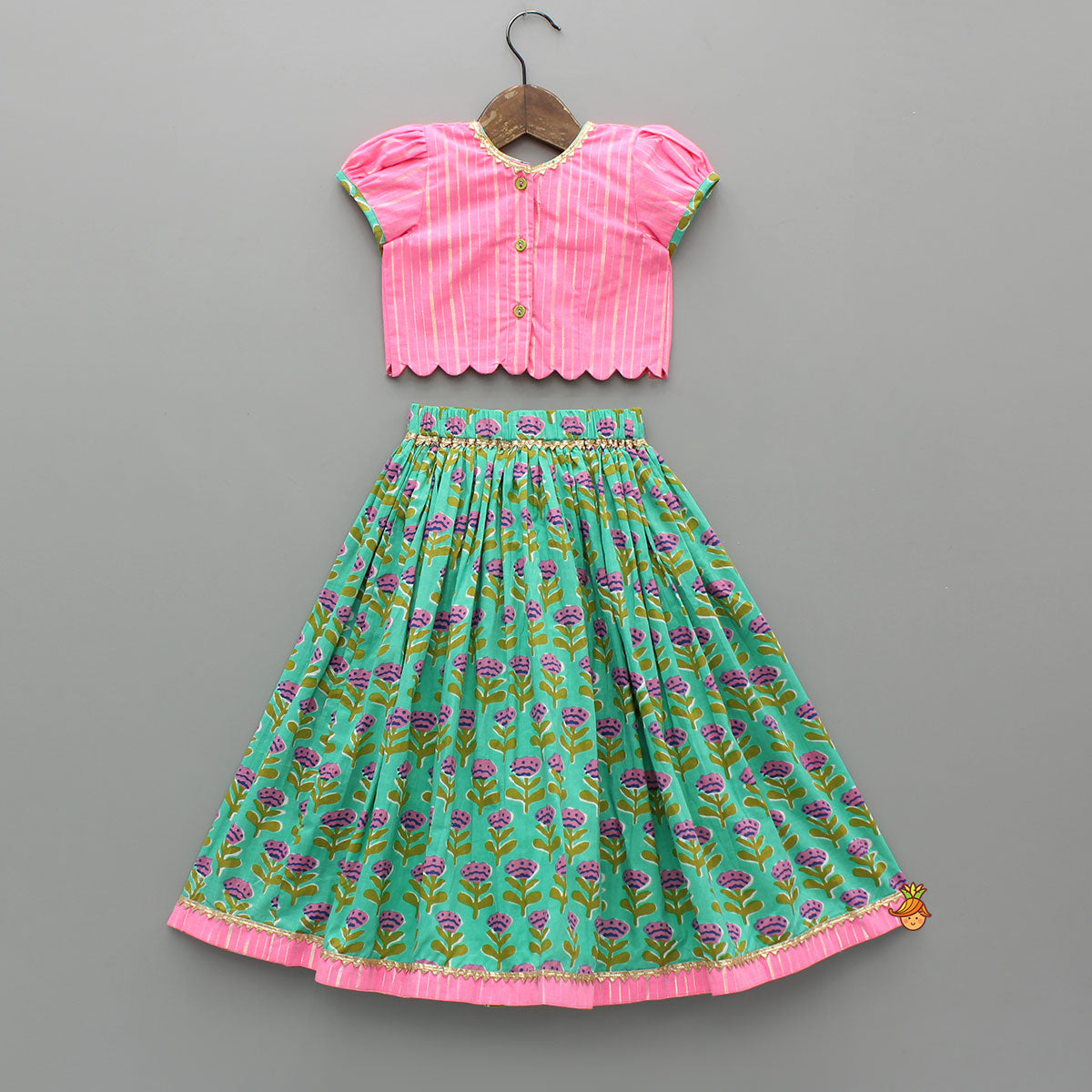 Elegant Pink Scalloped Top With Floral Printed Lehenga