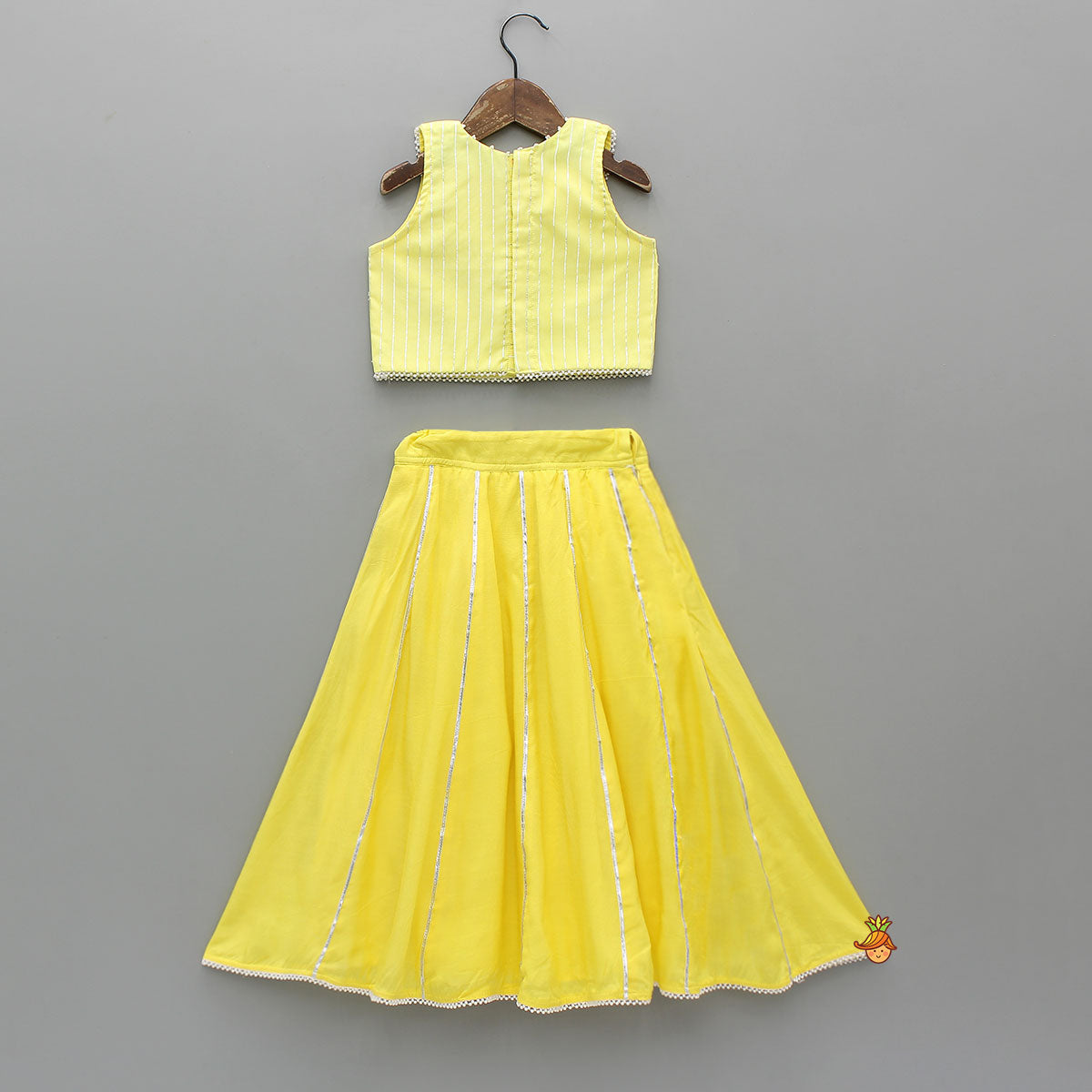 Potli Button Detailed Lurex Striped Top And Lehenga With Net Dupatta