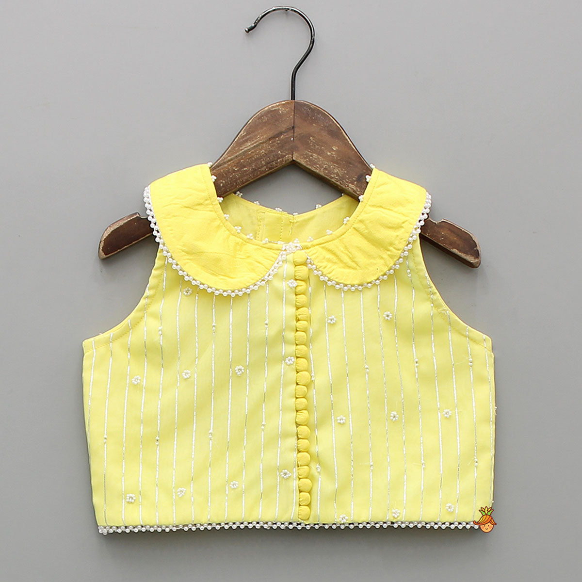 Potli Button Detailed Lurex Striped Top And Lehenga With Net Dupatta