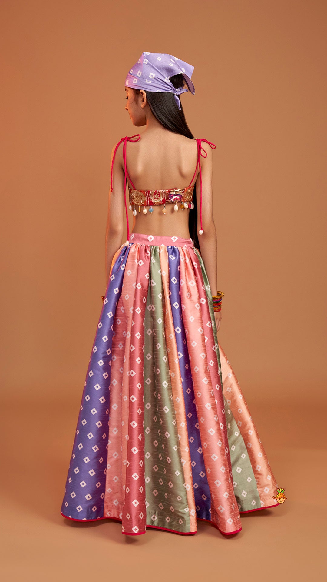 Pre Order: Beautiful Thread Embroidered Top With Bandhani Printed Panel Lehenga And Bandana