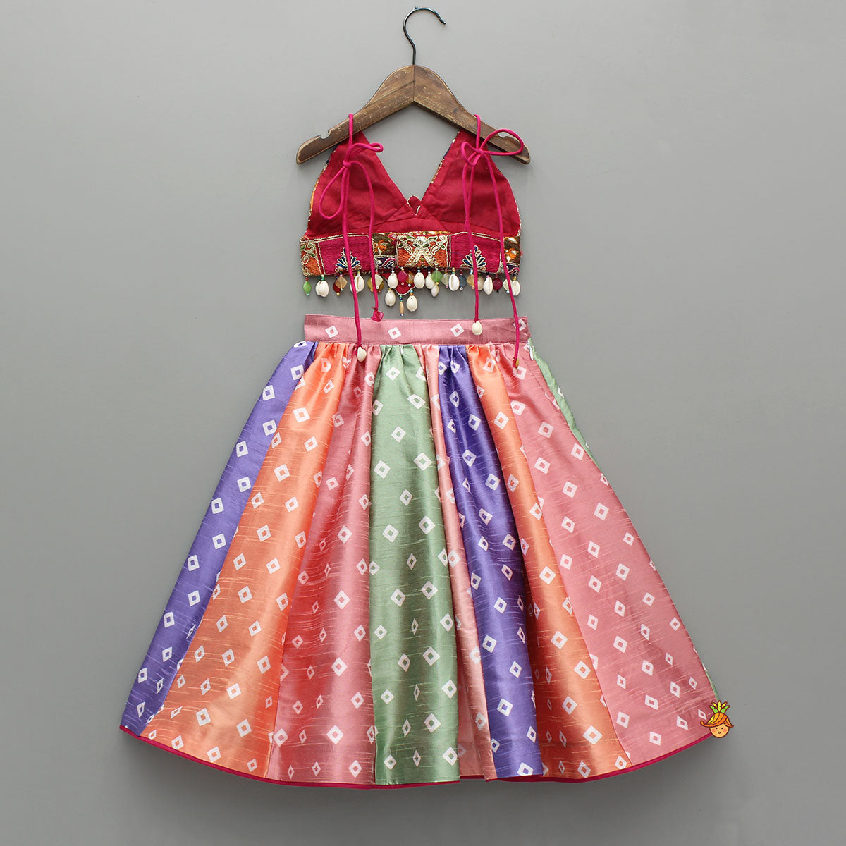 Pre Order: Beautiful Thread Embroidered Top With Bandhani Printed Panel Lehenga And Bandana