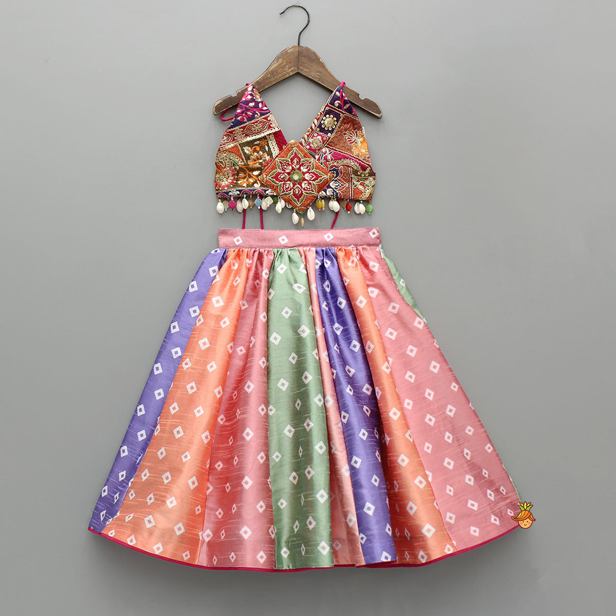 Pre Order: Beautiful Thread Embroidered Top With Bandhani Printed Panel Lehenga And Bandana