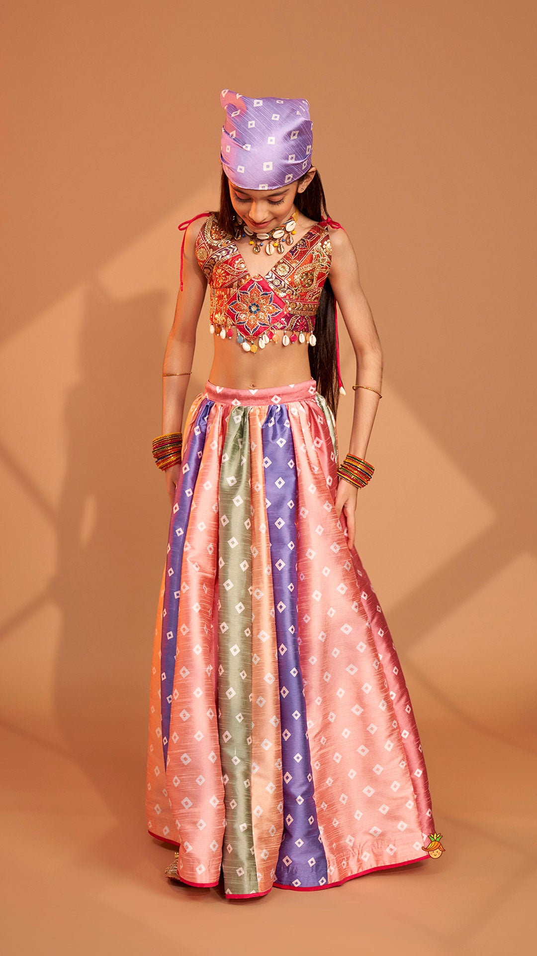 Pre Order: Beautiful Thread Embroidered Top With Bandhani Printed Panel Lehenga And Bandana