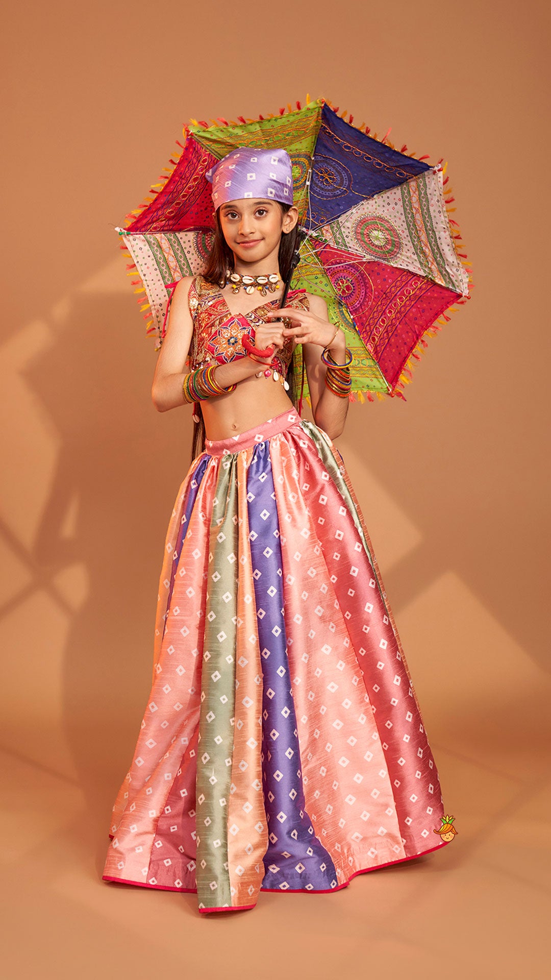 Pre Order: Beautiful Thread Embroidered Top With Bandhani Printed Panel Lehenga And Bandana