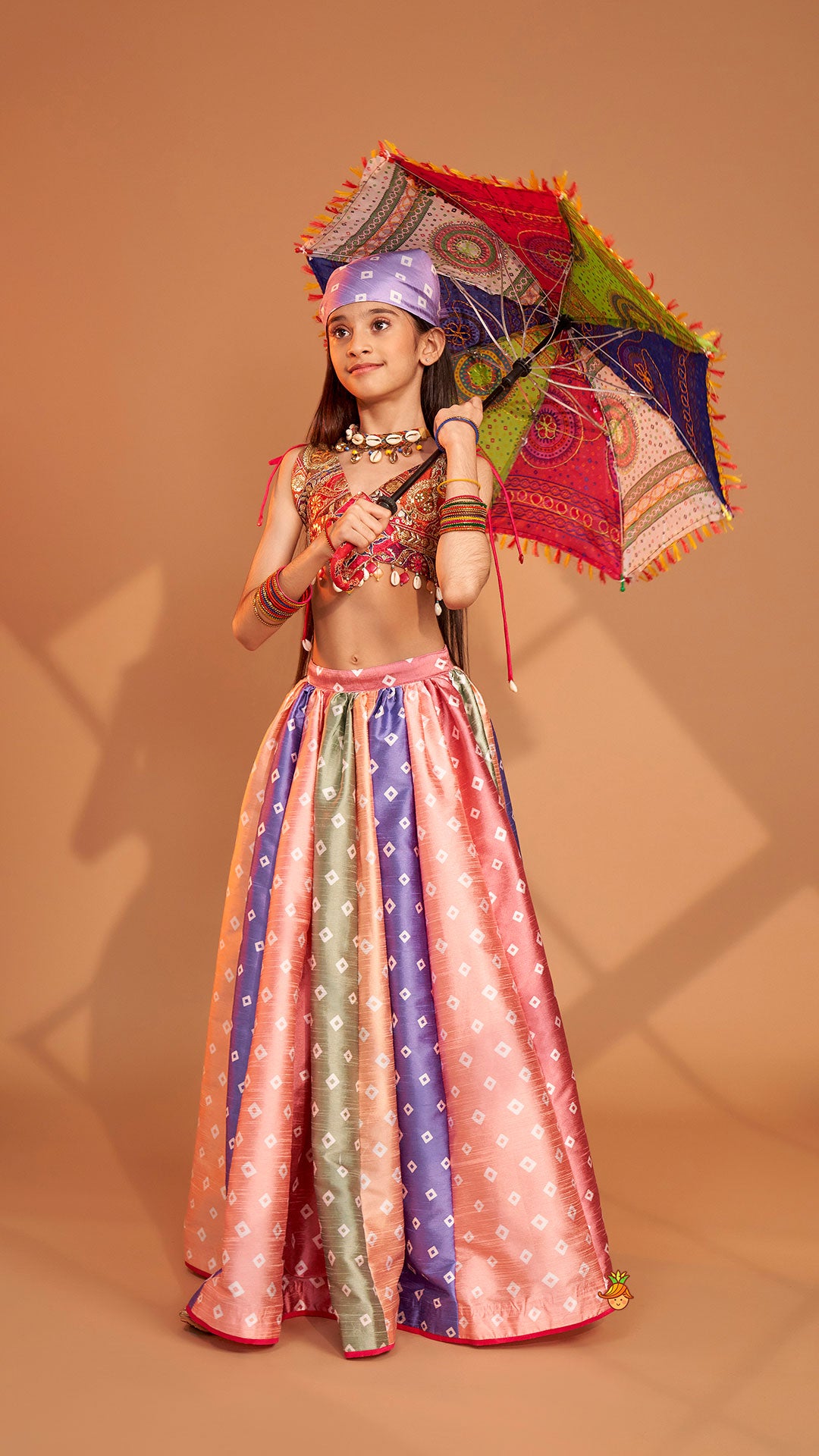Pre Order: Beautiful Thread Embroidered Top With Bandhani Printed Panel Lehenga And Bandana